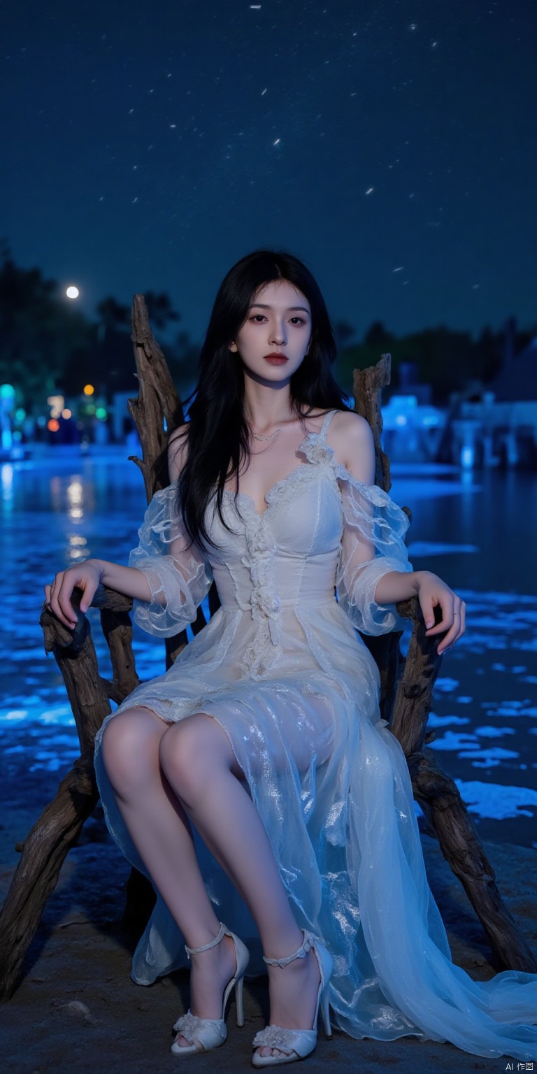 A young woman with silky black hair and brown eyes, seated on a throne made of twisted driftwood on a mystical island surrounded by bioluminescent flora and fauna, wearing an ethereal dress that seems to be made of moonlight and seafoam, complemented by a seashell necklace and mermaid high-heeled shoes, against a backdrop of a starry night sky reflected in the island's lagoon, captured in a vivid, high-definition photography style with a professional DSLR camera using a 50mm prime lens, with a soft, enchanting light that mimics the glow of the moon