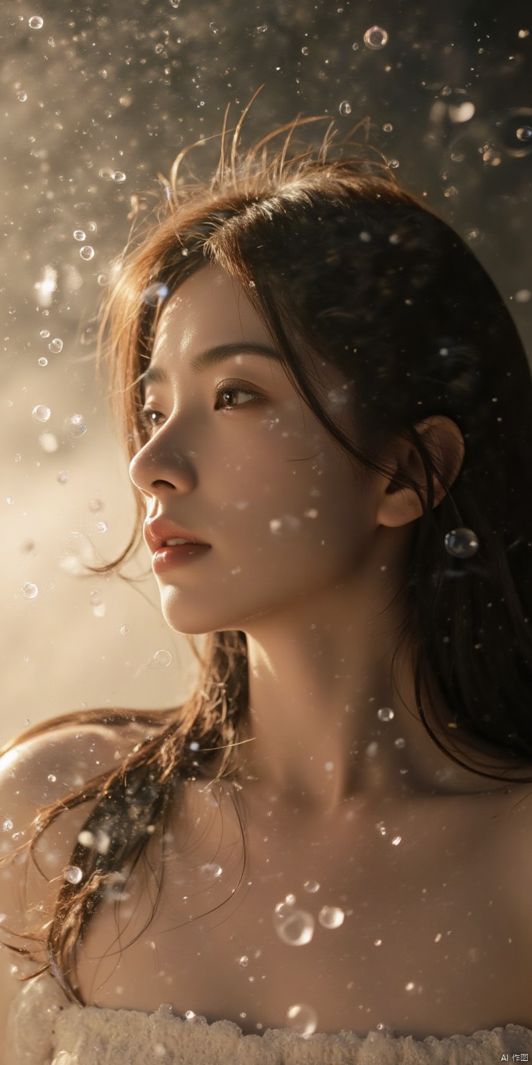 1 girl,su,A ravishing 26-year-old beauty with long flowing hair and delicate features exuding style and glamour, surrounded by an ethereal aura of surreal floating water bubbles with gentle ripples and delicate splashes captured in stunning detail. Dramatic lofi lighting casts shadows that add depth to her beautiful face, her eyes sparkling with a sultry intensity. A full-body shot showcasing her alluring physique, as if caught in the midst of a sassy pose. The entire scene is bathed in the warm glow of Kodak film, imbuing the image with an analog charm.