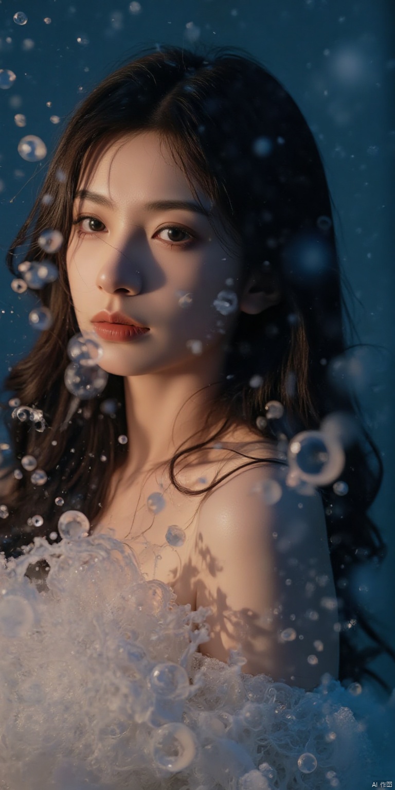 1 girl,su,A ravishing 26-year-old beauty with long flowing hair and delicate features exuding style and glamour, surrounded by an ethereal aura of surreal floating water bubbles with gentle ripples and delicate splashes captured in stunning detail. Dramatic lofi lighting casts shadows that add depth to her beautiful face, her eyes sparkling with a sultry intensity. A full-body shot showcasing her alluring physique, as if caught in the midst of a sassy pose. The entire scene is bathed in the warm glow of Kodak film, imbuing the image with an analog charm.