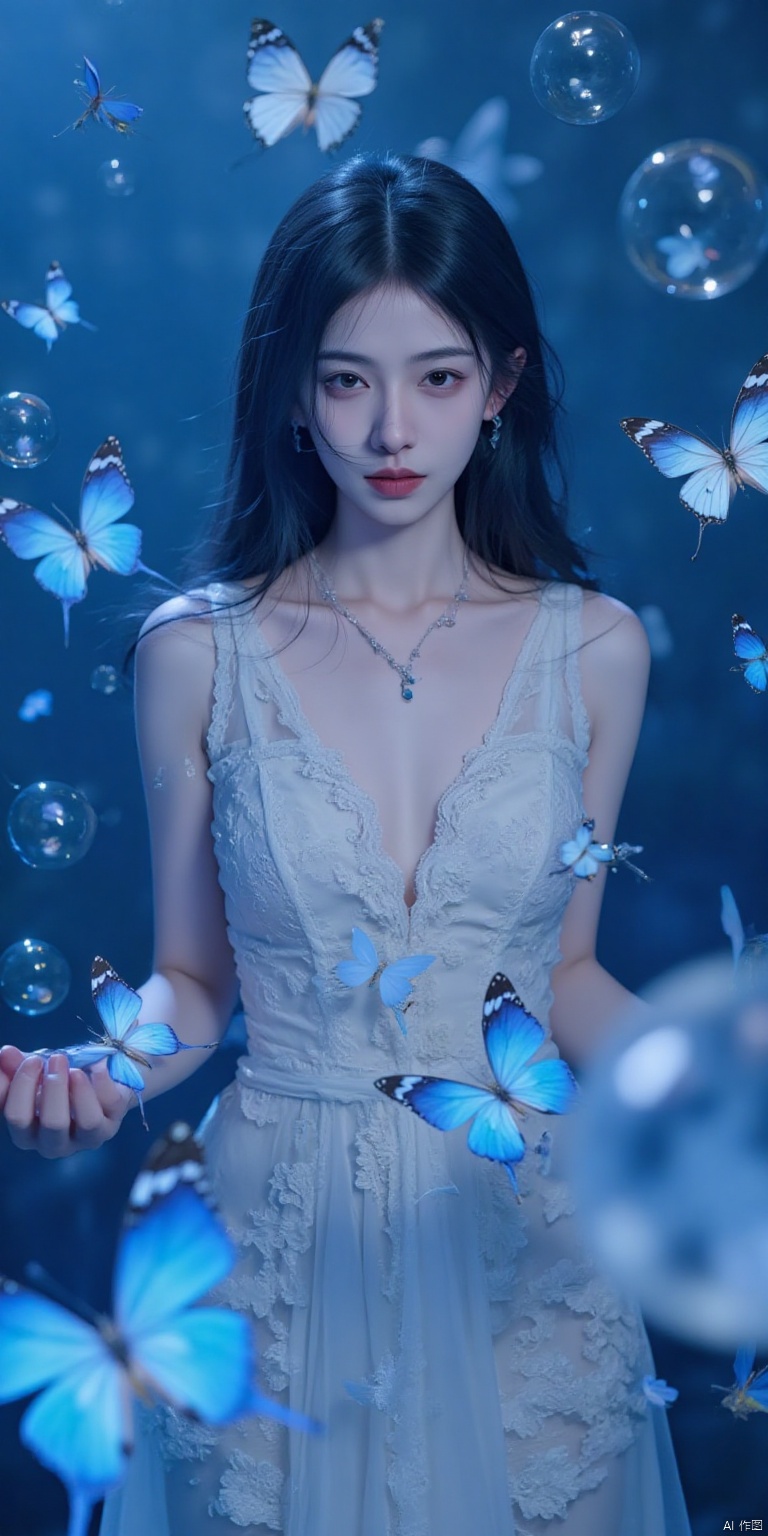 ((1girl:1.8,pov, )),((,1girl, pov,))(((butterfly, bug, 1girl, blue_butterfly, bubble, fish, white_butterfly, long_hair, glowing_butterfly, crystal, animal, dress, air_bubble, solo, jellyfish, blue_theme ))),ultra realistic 8k cg,picture-perfect face,flawless,clean,masterpiece,professional artwork,famous artwork,cinematic lighting,cinematic bloom,perfect face,beautiful face,fantasy,dreamlike,unreal,science fiction,huge breasts,beautiful clothes,lace,lace trim,lace-trimmed legwear,(rich:1.4),prestige,luxury,jewelry,diamond,gold,pearl,gem,sapphire,ruby,emerald,intricate detail,delicate pattern,charming,alluring,seductive,erotic,enchanting,hair ornament,necklace,earrings,bracelet,armlet,halo,