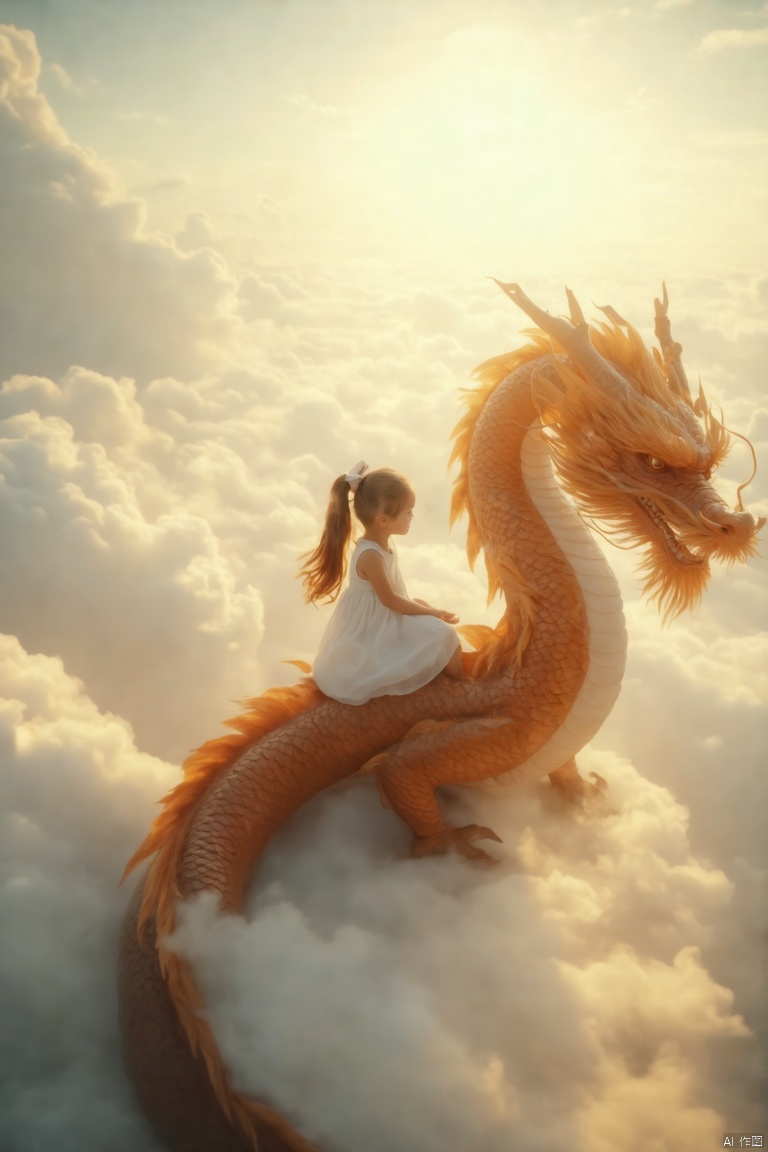 a medium-angle shot captures a young girl sitting on the back of a dragon. The girl, dressed in a white dress, has long brown hair tied up in a ponytail. Her hair is tied in a bow at the top of her head, adding a touch of warmth to the scene. The dragon, its long neck, is adorned with a vibrant orange hue, adding depth to the composition. The sky, dotted with white clouds, is a soft glow, with the sun peeking through the clouds.,loong