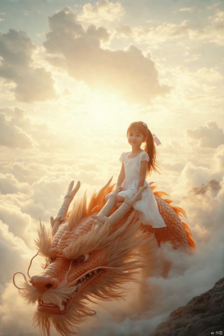 a medium-angle shot captures a young girl sitting on the back of a dragon. The girl, dressed in a white dress, has long brown hair tied up in a ponytail. Her hair is tied in a bow at the top of her head, adding a touch of warmth to the scene. The dragon, its long neck, is adorned with a vibrant orange hue, adding depth to the composition. The sky, dotted with white clouds, is a soft glow, with the sun peeking through the clouds.,loong