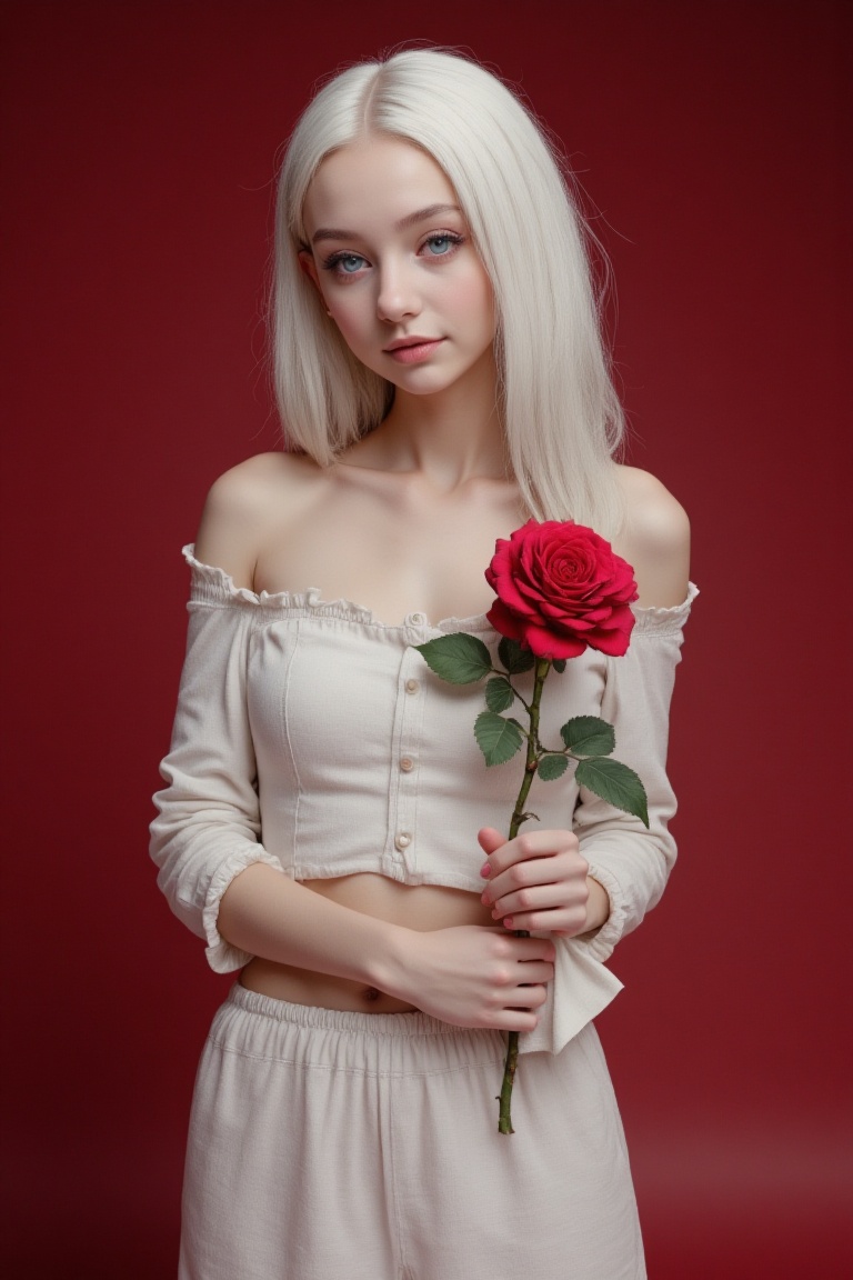 The features a real fine art portrait of a pale white-haired ***** woman with porcelain skin and icy blue eyes,  midriff,...