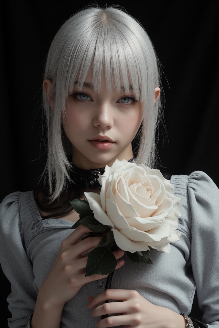 The features a real fine art portrait,  no nude portrait of a pale white-haired ***** woman with porcelain skin and icy bl...