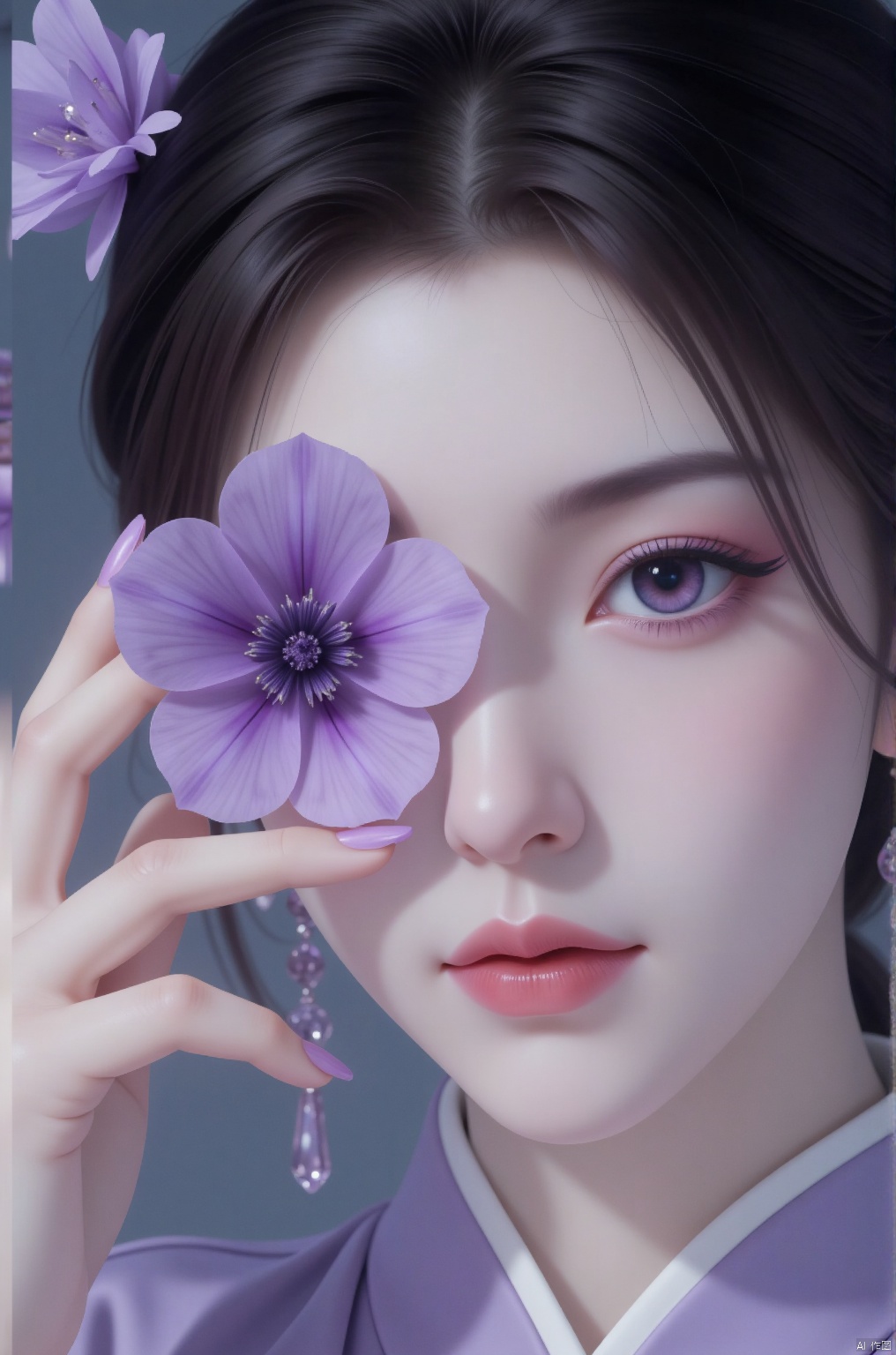 Close-up of a dark-haired girl. She has purple eyes, purple eyeshadow, purple crystal nails, and holds a purple fake flower in one hand, covering her left eye. She is wearing purple Hanfu. Style is Digital Art, Digital Illustration, Fantasy Realism, Fashion Sense, Portrait (Black Hair) Masterpiece: 1.2), Best Quality, High Resolution, Uniform 8K Wallpaper, (Illustration: 1), Perfect Lighting, Very Detailed CG, fine details, very detailed, soft lights and shadows, soft and dramatic lighting, cinematic texture: 1.2, (skin pores: 1.2 ), (Detailed Skin Texture: 1), (Single: 1.5), Detailed Face, (Perspective: 1.1), Hazy, Low Key: 1.1, Depth of Field, (8K, RAW, Best Quality, Masterpiece: 1.2 ), photorealistic: 1.4), (very detailed unity 8K wallpaper: beautiful eyes), low angle shot, dynamic poses, background blur, deep blue atmosphere.