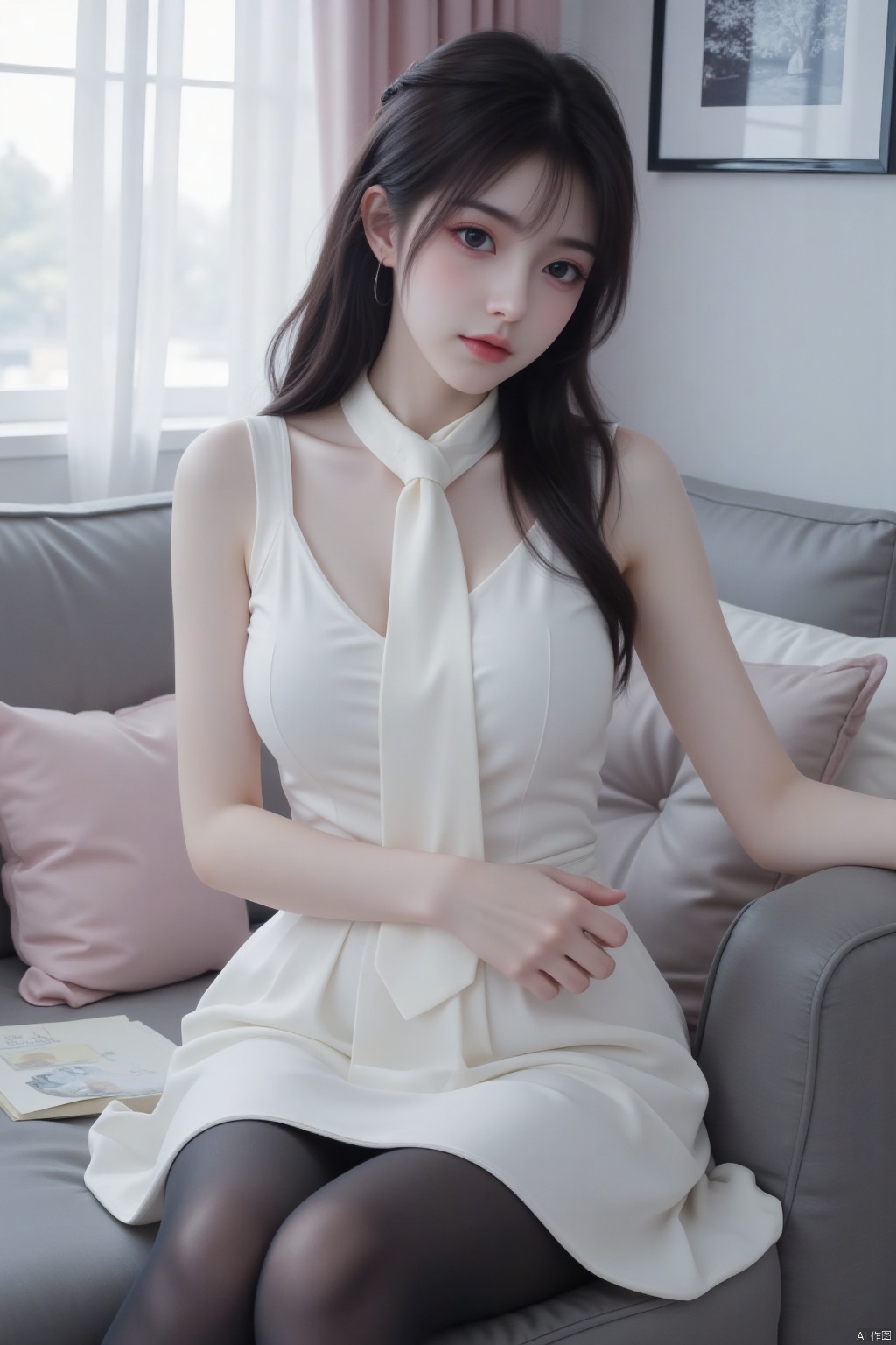 1girl, solo, long hair, breasts, looking at viewer, bangs, skirt, large breasts, black hair, dress, bare shoulders, brown eyes, sitting, closed mouth, ponytail, pantyhose, necktie, sleeveless, indoors, white dress, lips, pillow, black pantyhose, window, curtains, couch, cushion, carpet,Chest opening,