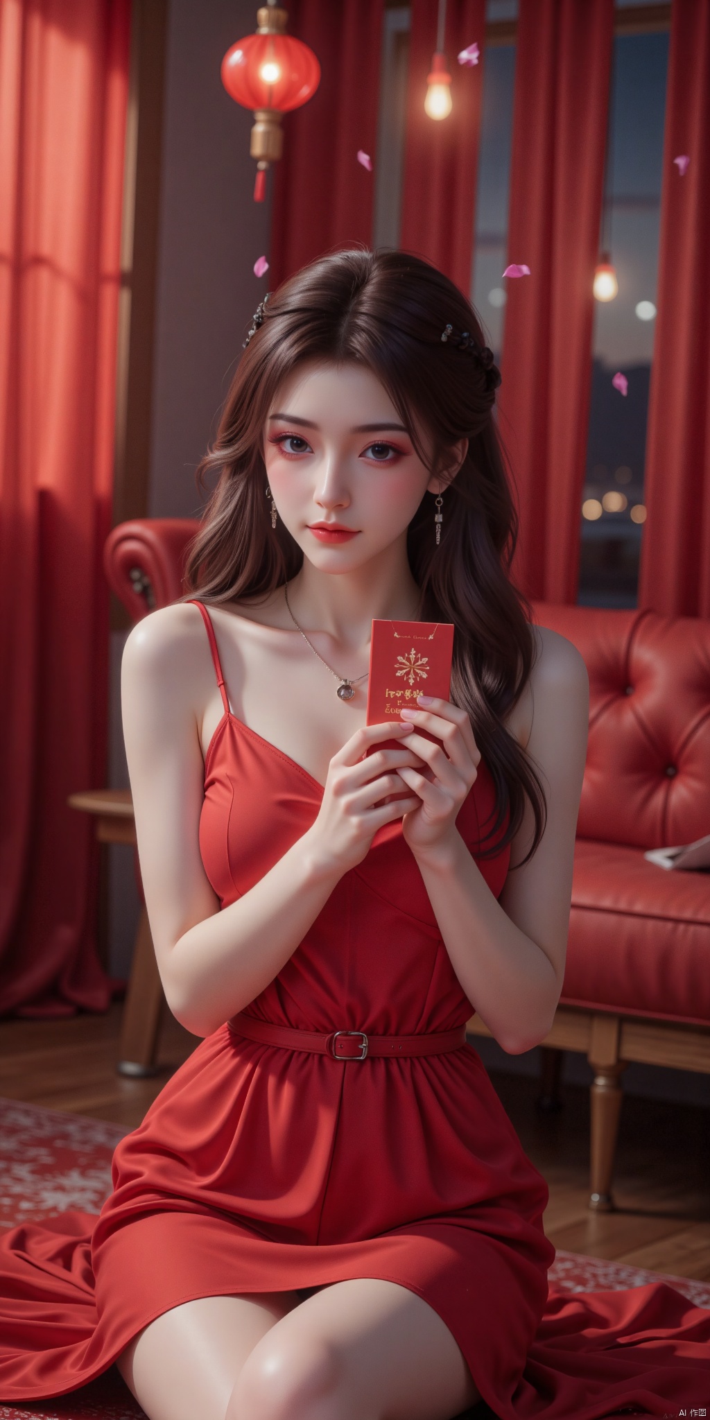 ,(Canon RF85mm f/1.2,best quality,HDR,Realisticity:1.4,(realistic light and shadow):1.5,Cinematic Lighting,the tyndall effect),(1 girl,korean mixed,kpop idol:1.2,beautiful long_Slender_legs,kneeling,holding a little red envelope),(long_brown_wavy_hair),(star shaped pupils,shiny eyes,make-up),(white_shiny_skin,black eyes,Pore,skin texture,shiny),(necklace,earrings,bracelet),(smile):1.2,red sofa,red red,red blanket,red lantern,red neon,(gorgeous,jewelry,earrings,sky,water,necklace,hair bun,wet,petals,random pose,night sky,falling petals):1.5,