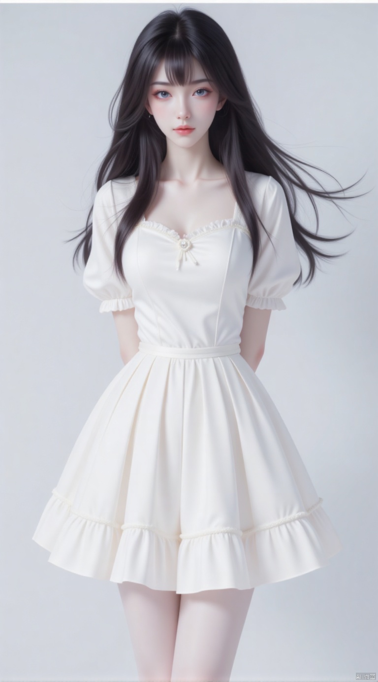 [Artist:wlop],masterpiece,best quality,solo,1girl,stading,full body,delicate face,arms behind back,black_hair,vely long hair,blunt_bangs,floating hair,looking_at_viewer,blue eyes,beautiful detailed eyes,white_frilled_dress,white pantyhose, puffy sleeves,skirt pleats,rose,delicate details,plns
