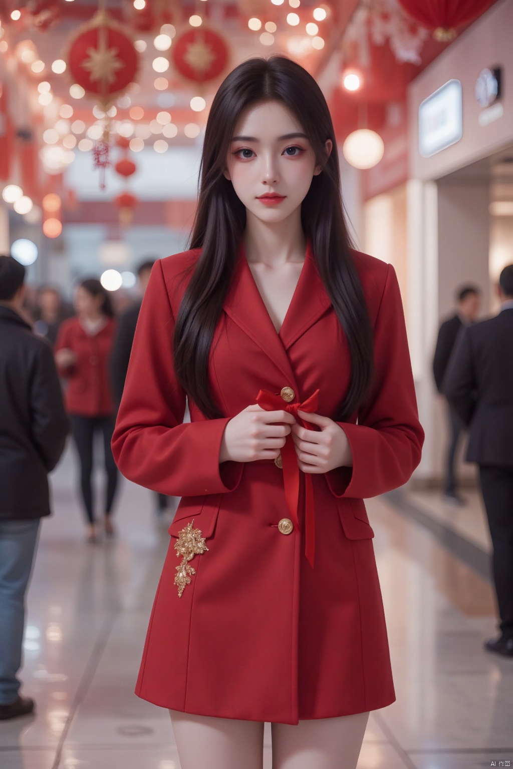 In the middle of a crowded shopping mall, a girl with pale skin and long, straight black hair stands out. She wears a red coat with ornate gold patterns, and her thighs are visible as she poses with both hands holding a red ribbon. The high-resolution image captures the best quality of her skin, with a glowing subsurface scattering effect. The camera is placed at a slight angle to capture her full body, with the background filled with red decorations and blooming lights. The halatio effect adds a touch of magic to the scene, making it a true masterpiece.