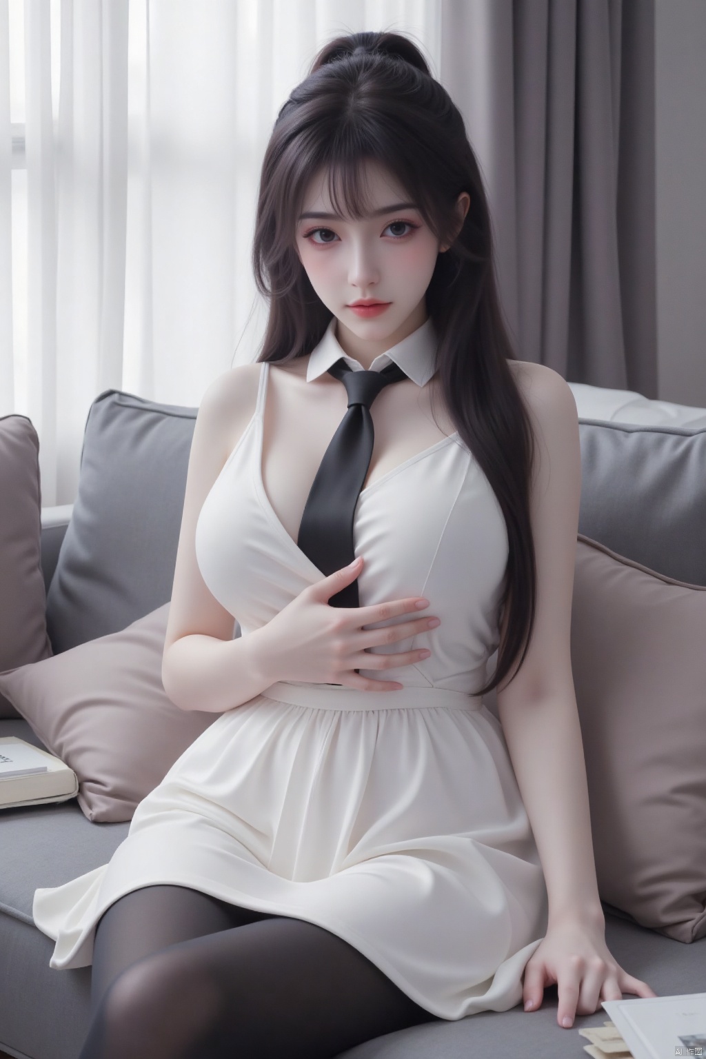 1girl, solo, long hair, breasts, looking at viewer, bangs, skirt, large breasts, black hair, dress, bare shoulders, brown eyes, sitting, closed mouth, ponytail, pantyhose, necktie, sleeveless, indoors, white dress, lips, pillow, black pantyhose, window, curtains, couch, cushion, carpet,Chest opening,