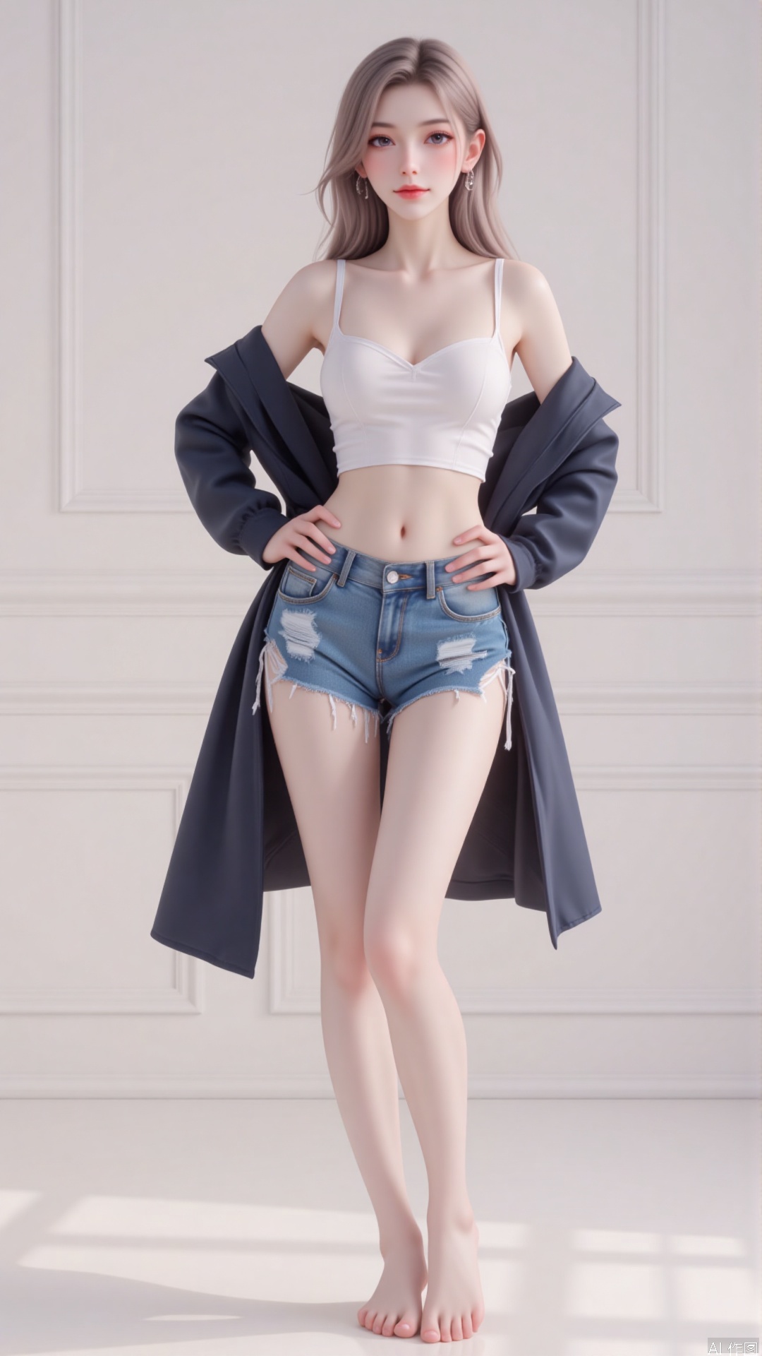 1girl,long hair, Ultra-short coat,Ultra short jeans,upskirt,hands on hips,barefoot,dnz,Random posture,sitting,feet,Little jeans,Torn jeans,sitting,leg up
