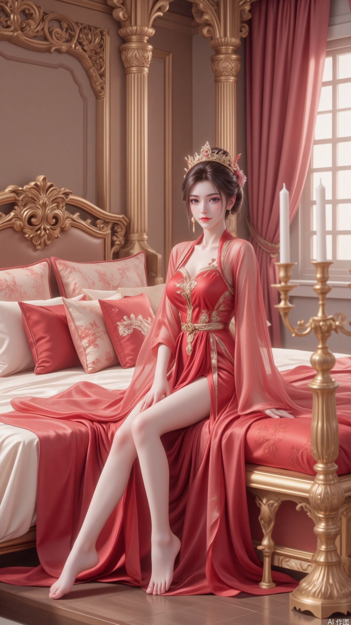 A beautiful Asian woman, full body, wearing a red transparent silk robe decorated with gold embroidery and a crown on her head, sits on a bed with long legs and bare feet, decorated with a gold headboard decorated with intricate carvings. The bed is decorated with four pillows, each with a matching red and gold pattern, adding a luxurious feel to the scene. Near the bed, a tall wooden headboard is flanked by two matching gold candlesticks, each decorated with two white candles. To the woman&#39;s right, a large window is covered with red curtains.,hle
