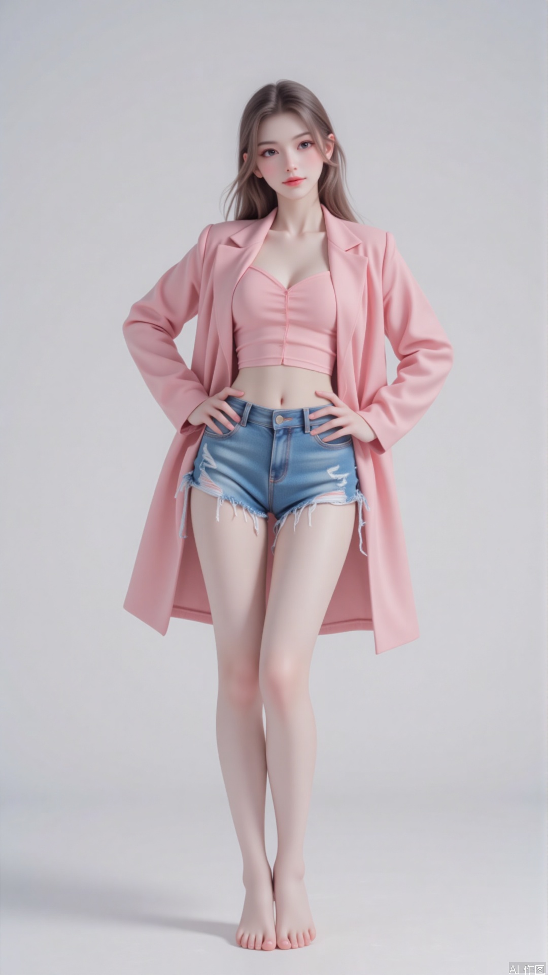 1girl,long hair, Ultra-short coat,Ultra short jeans,upskirt,hands on hips,barefoot,dnz,Random posture,sitting,feet,Little jeans,Torn jeans