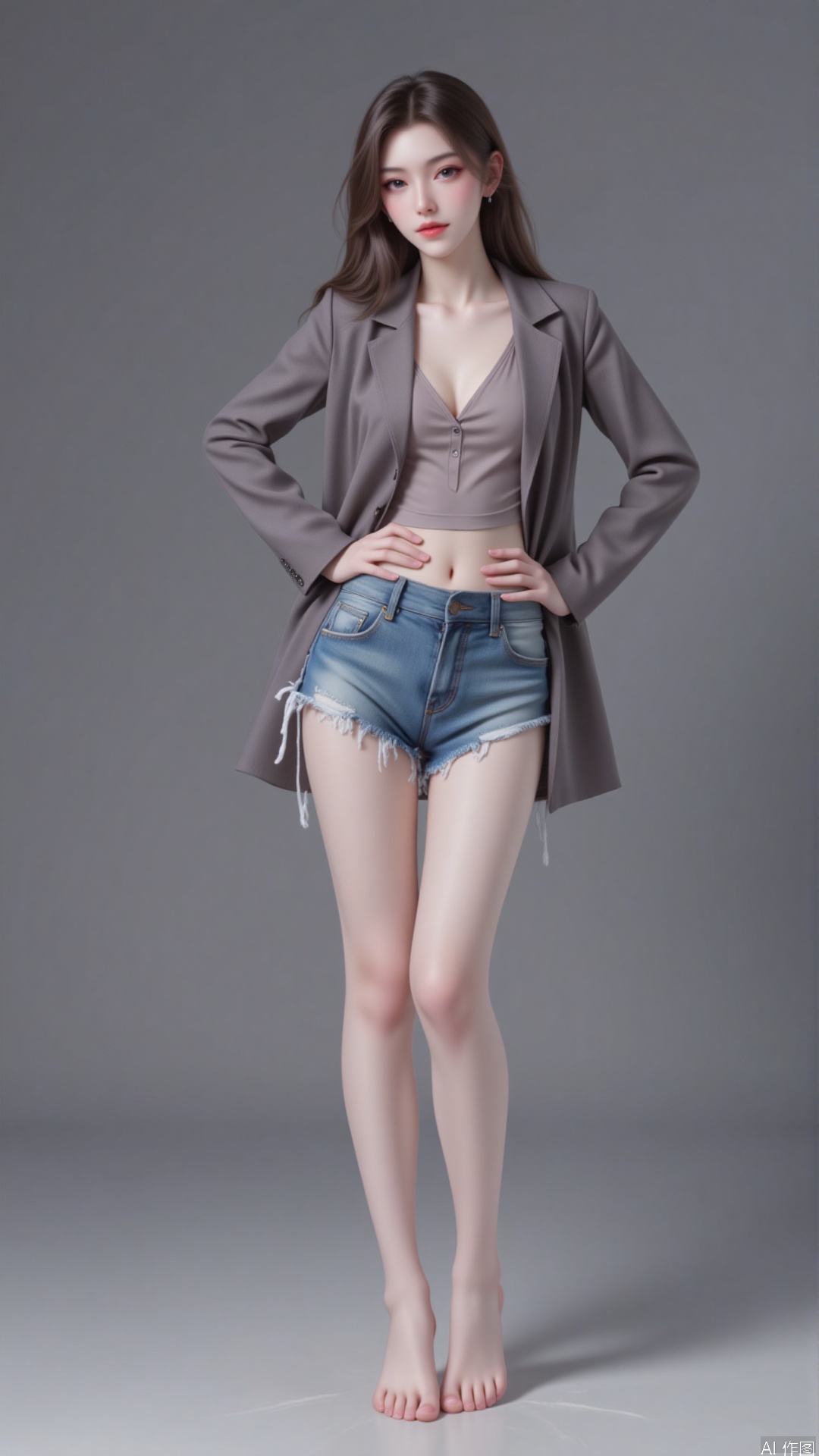 1girl,long hair, Ultra-short coat,Ultra short jeans,upskirt,hands on hips,barefoot,dnz,Random posture,sitting,feet
