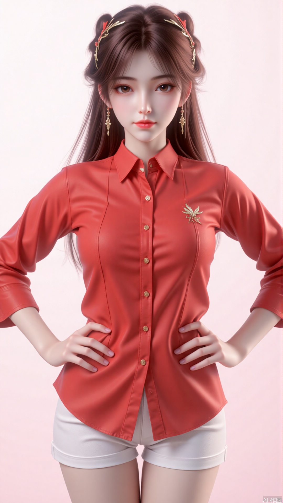 1girl,long hair,red shirt,hands on hips,dnz,Random posture