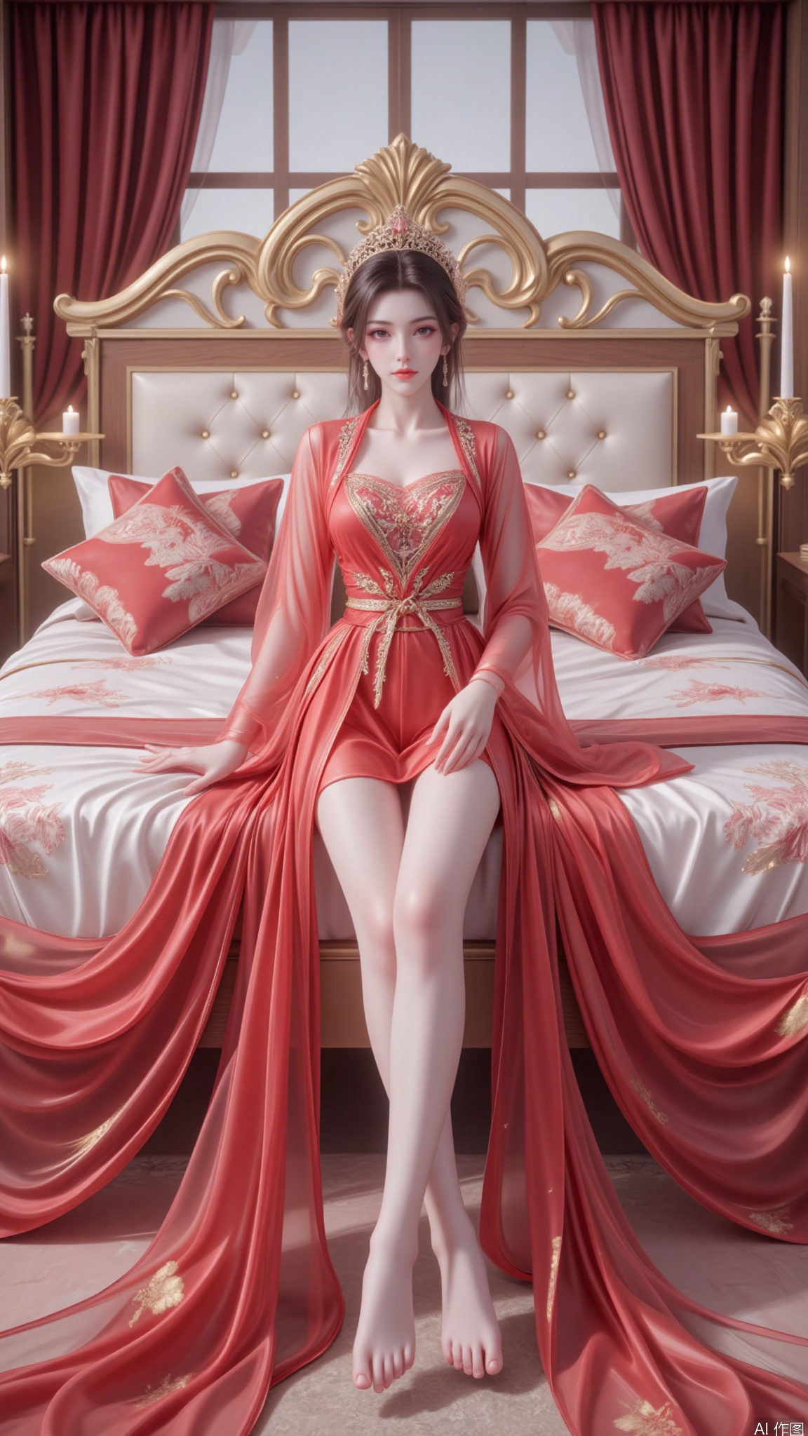 A beautiful Asian woman, full body, wearing a red transparent silk robe decorated with gold embroidery and a crown on her head, sits on a bed with long legs and bare feet, decorated with a gold headboard decorated with intricate carvings. The bed is decorated with four pillows, each with a matching red and gold pattern, adding a luxurious feel to the scene. Near the bed, a tall wooden headboard is flanked by two matching gold candlesticks, each decorated with two white candles. To the woman&#39;s right, a large window is covered with red curtains.,hle