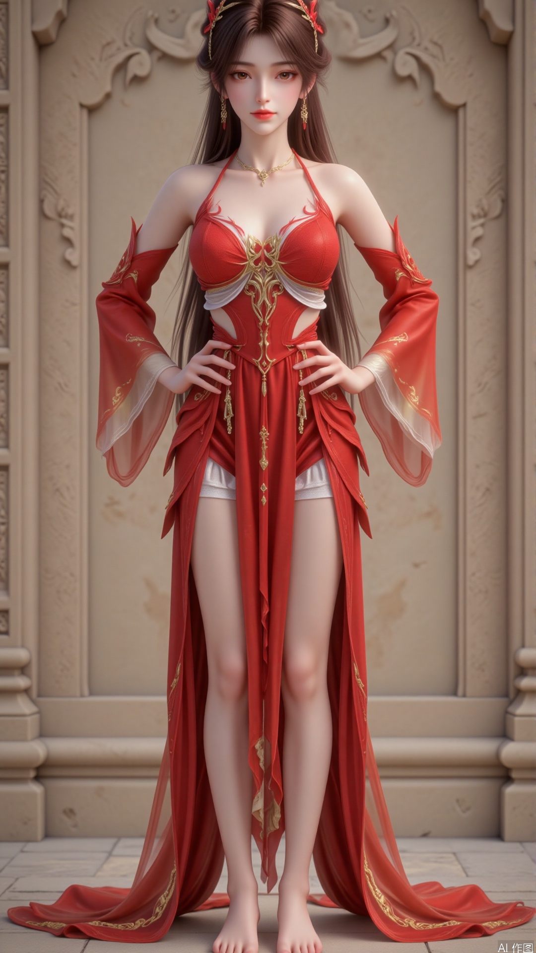 1girl,long hair,red shirt,upskirt,silk,hands on hips,barefoot,dnz,Random posture