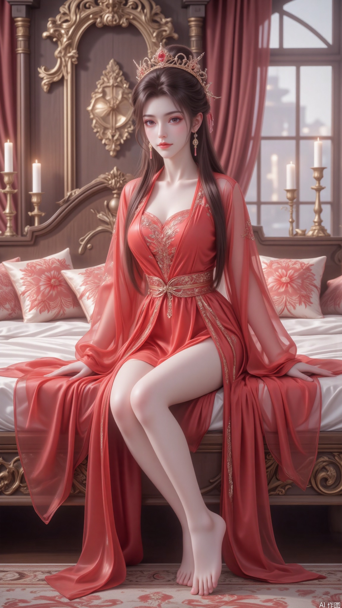 A beautiful Asian woman, full body, wearing a red transparent silk robe decorated with gold embroidery and a crown on her head, sits on a bed with long legs and bare feet, decorated with a gold headboard decorated with intricate carvings. The bed is decorated with four pillows, each with a matching red and gold pattern, adding a luxurious feel to the scene. Near the bed, a tall wooden headboard is flanked by two matching gold candlesticks, each decorated with two white candles. To the woman&#39;s right, a large window is covered with red curtains,large pectorals,S-shaped body,