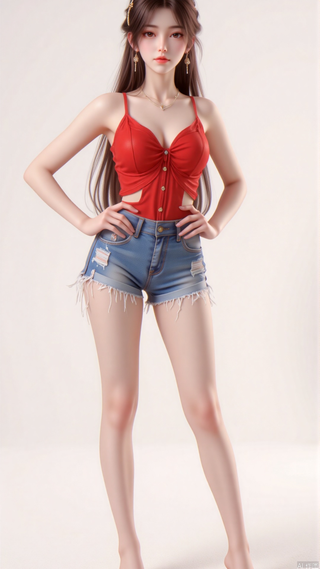 1girl,long hair,Red blouse,Ultra short jeans,,hands on hips,dnz,Random posture
