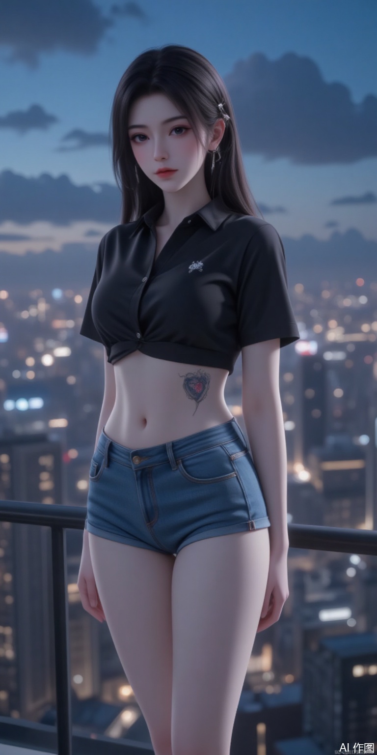 1girl, long hair, masterpiece, best quality, 3dmm style, lifelike, high quality, 3D realistic works, ultra-high details, 8k, real skin material, real blood vessels under the skin.High quality, masterpiece, 8K ultra-clear,1girl,black hair,longeyelashes,eyeshadow,very long hair, SFW, Best quality, masterpiece, 8k, 1 girl, solo, long hair, chest, exquisite hair accessories, looking at the audience, black hair, shirt, black hair, buttons, jewelry, standing, full body, short sleeved, outdoor, sky, shorts, abdomen, high heels, bracelet, crop top, legs, black shirt, shorts, bare legs, night, blue denim pants, denim shorts, standing at the highest point of the city overlooking the bustling urban night view,There is a heart-shaped tattoo on my belly,yuanyao