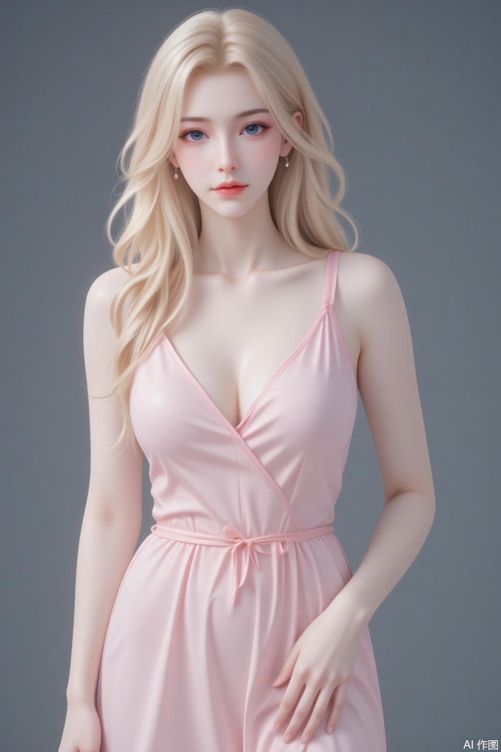 solo BREAK ((magazine cover)), masterpiece 20 yo, 1 girl, , head to thigh portrait,nightgown,solo, {beautiful and detailed eyes}, blue eyes, calm expression, delicate facial features, ((model pose)), Glamor body type,blond hair ,hair_past_waist,curly hair,very long hair,simple tiny earrings,simple tiny necklace, flim grain, realhands, masterpiece, Best Quality, 16k, photorealistic, ultra-detailed, finely detailed, high resolution, perfect dynamic composition, beautiful detailed blue eyes, eye smile,smile , sharp-focus, standing,model pose,,head to thigh portrait, body face to viewer