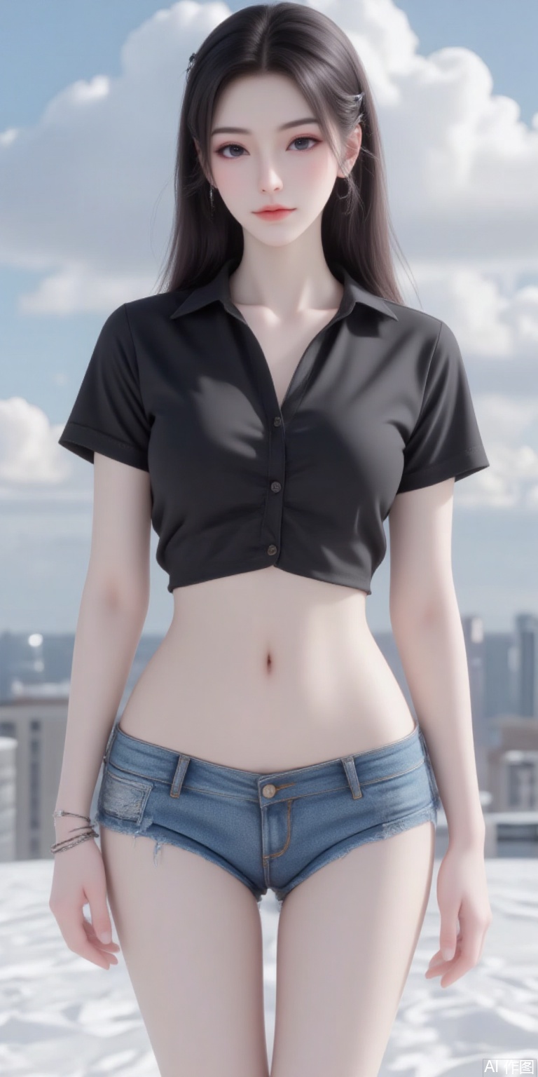 1girl, long hair, masterpiece, best quality, 3dmm style, lifelike, high quality, 3D realistic works, ultra-high details, 8k, real skin material, real blood vessels under the skin.High quality, masterpiece, 8K ultra-clear,1girl,black hair,longeyelashes,eyeshadow,very long hair, SFW, Best quality, masterpiece, 8k, 1 girl, solo, long hair, chest, exquisite hair accessories, looking at the audience, black hair, shirt, black hair, buttons, jewelry, standing, full body, short sleeved, outdoor, sky, shorts, abdomen, high heels, bracelet, crop top, legs, black shirt, shorts, bare legs,   denim shorts, There is a heart-shaped tattoo on my belly,yuanyao,dnz,Free movement,bs,ass