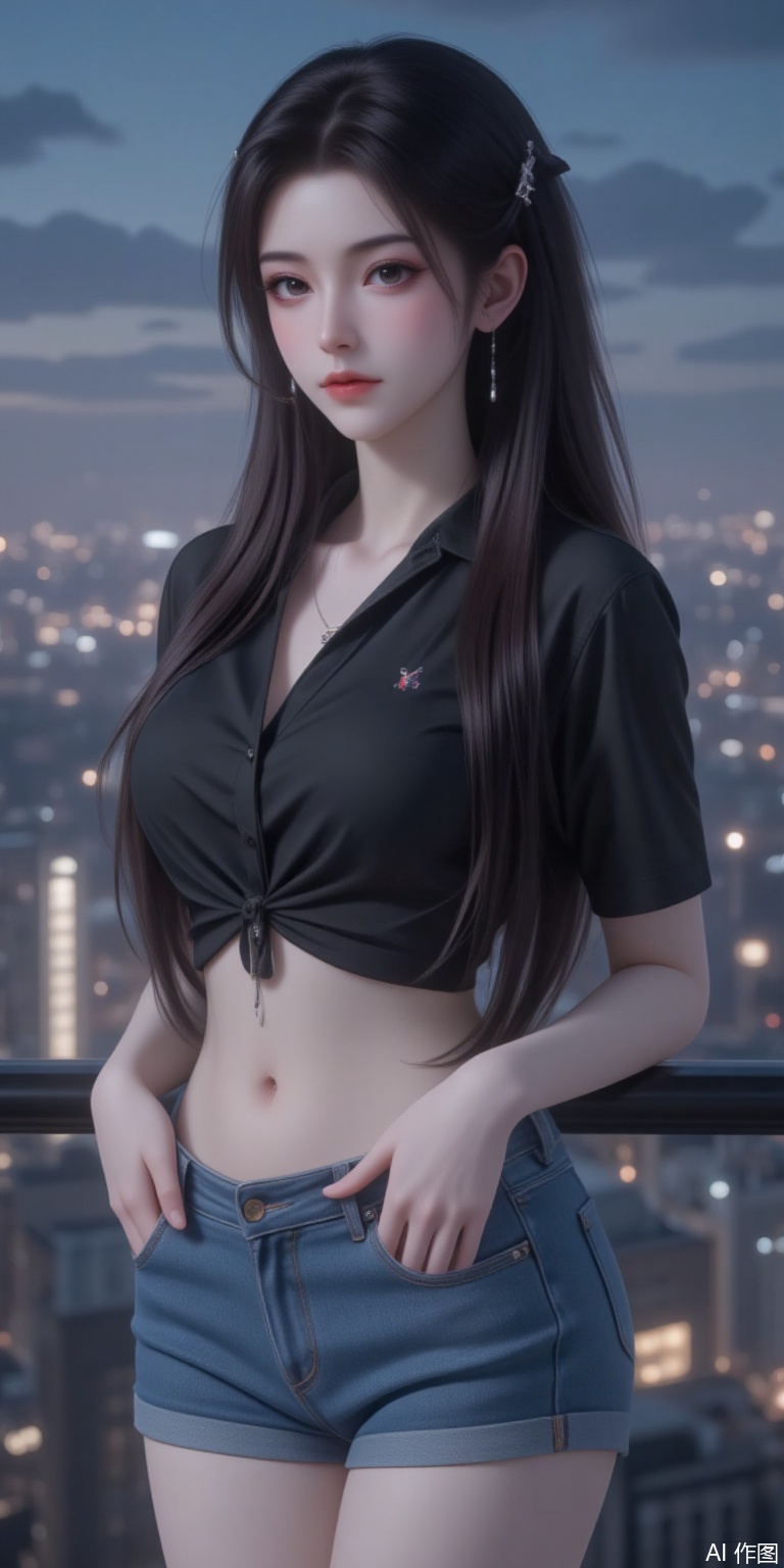 1girl, long hair, masterpiece, best quality, 3dmm style, lifelike, high quality, 3D realistic works, ultra-high details, 8k, real skin material, real blood vessels under the skin.High quality, masterpiece, 8K ultra-clear,1girl,black hair,longeyelashes,eyeshadow,very long hair, SFW, Best quality, masterpiece, 8k, 1 girl, solo, long hair, chest, exquisite hair accessories, looking at the audience, black hair, shirt, black hair, buttons, jewelry, standing, full body, short sleeved, outdoor, sky, shorts, abdomen, high heels, bracelet, crop top, legs, black shirt, shorts, bare legs, night, blue denim pants, denim shorts, standing at the highest point of the city overlooking the bustling urban night view,There is a heart-shaped tattoo on my belly,yuanyao