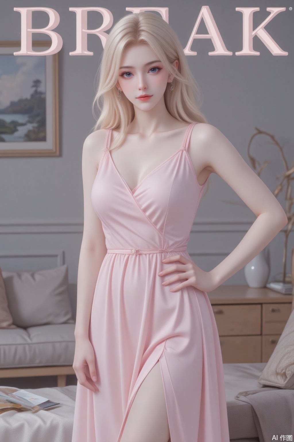 solo BREAK ((magazine cover)), masterpiece 20 yo, 1 girl, , head to thigh portrait,nightgown,solo, {beautiful and detailed eyes}, blue eyes, calm expression, delicate facial features, ((model pose)), Glamor body type,blond hair ,hair_past_waist,curly hair,very long hair,simple tiny earrings,simple tiny necklace, flim grain, realhands, masterpiece, Best Quality, 16k, photorealistic, ultra-detailed, finely detailed, high resolution, perfect dynamic composition, beautiful detailed blue eyes, eye smile,smile , sharp-focus, standing,model pose,,head to thigh portrait, body face to viewer