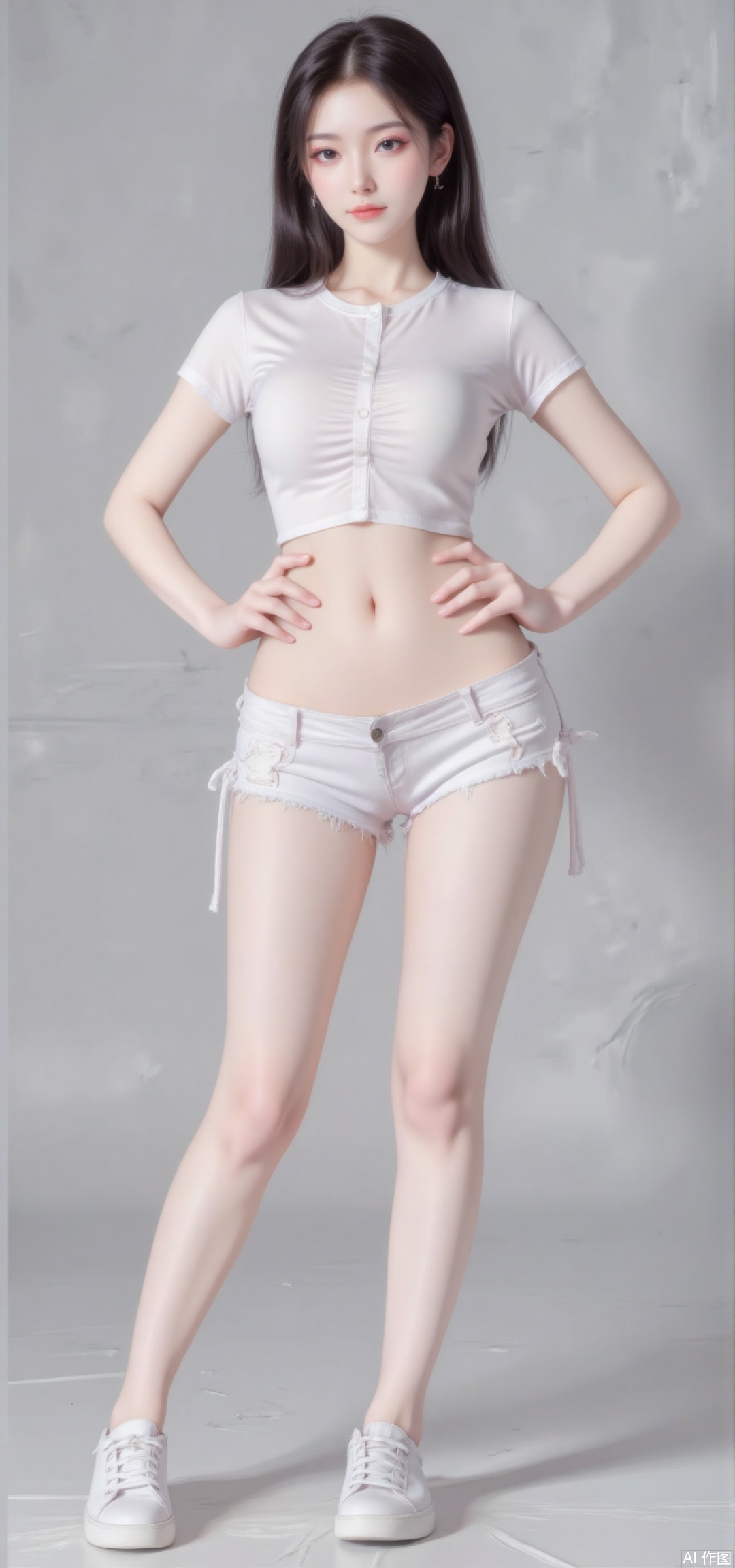 masterpiece,best quality,Realism,The real background,,1girl,long hair,Super short white shirt,Ultra short jeans,hands on hips,bs,ass