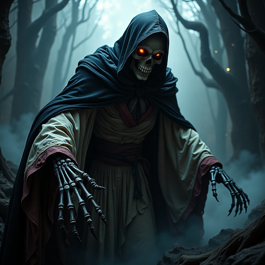 A realistic DSLR private photoshoot capturing a towering full body hooded revenant from an extreme low-angle worm's eye vi...