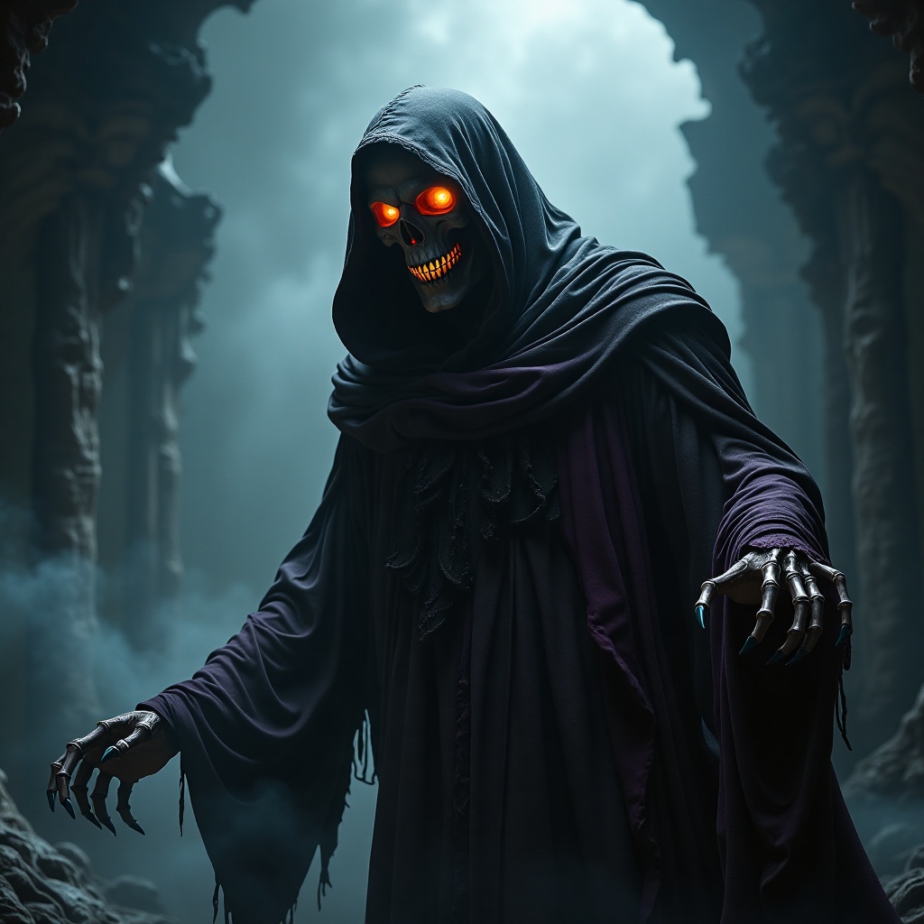 An atmospheric realistic DSLR private photoshoot showing a full body towering hooded revenant from a dynamic asymmetric si...