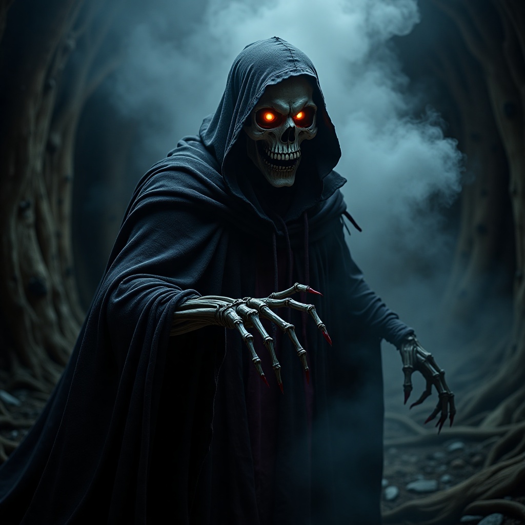 A professional realistic DSLR private photoshoot featuring a full body towering hooded revenant shot from a dramatic high-...