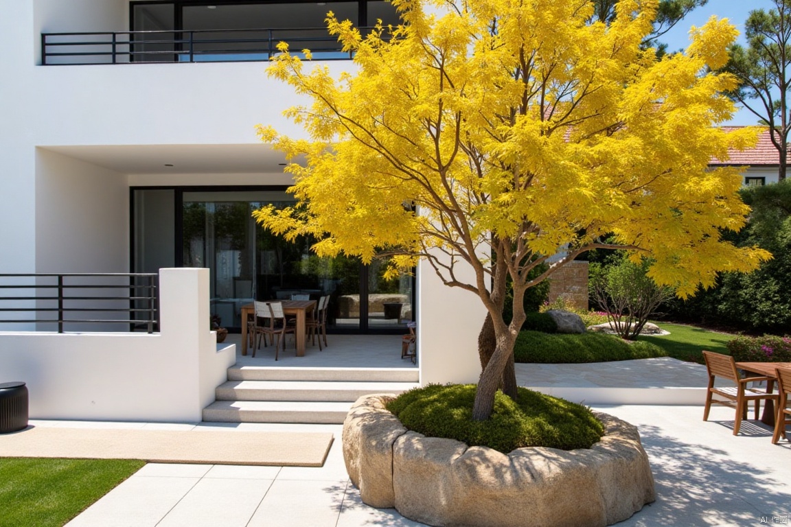 Captured from a high-angle perspective on a sunny day, a tree with yellow leaves stands in front of a white building. The tree's leaves are a vibrant shade of yellow, adding a pop of color to the scene. The building's facade is adorned with a black railing and a white stone walkway leading up to the front of the building. To the right of the tree, a wooden table and chairs can be seen. A black trash can is seen on the left side of the image.,landscape