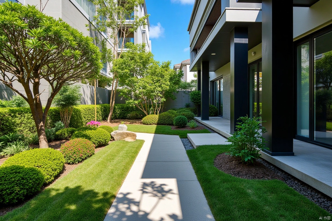 landscape,Captured at eye-level on a sunny day, a pathway winds through a garden. The pathway leads to a two-story house, adorned with black pillars and glass windows. The house casts a shadow on the grass, adding a touch of color to the scene. To the left of the pathway, a tree with pink flowers, adds a pop of color. The sky is a deep blue, dotted with a few wispy clouds