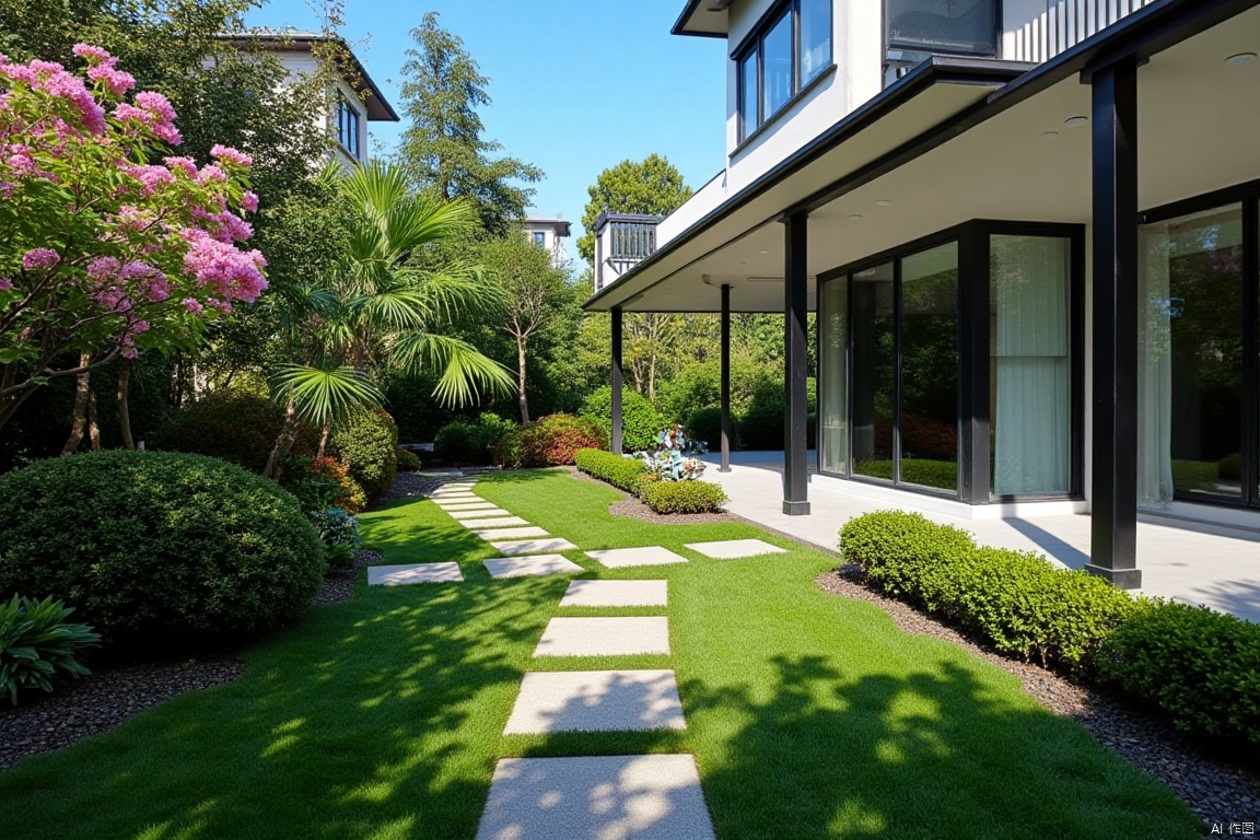 landscape,Captured at eye-level on a sunny day, a pathway winds through a garden. The pathway leads to a two-story house, adorned with black pillars and glass windows. The house casts a shadow on the grass, adding a touch of color to the scene. To the left of the pathway, a tree with pink flowers, adds a pop of color. The sky is a deep blue, dotted with a few wispy clouds