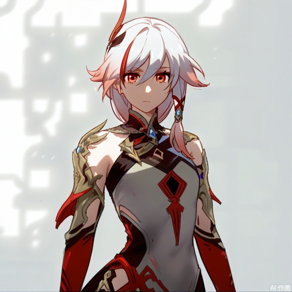 masterpiece, best quality,solo,(white background:1.2),simple background,
looking at viewer,fu hua mangaver,fu hua,long hair,bangs,low-tied long hair, red eyes,hair between eyes,ponytail,white hair,pink hair,red hair,multicolored hair, small breasts,streaked hair