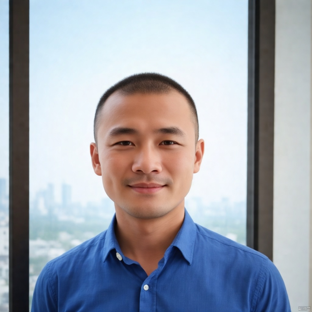 1man,1boy,solo,A close-up shot of a Asian man's face, positioned in front of a glass window. He is wearing a blue collared button-down shirt with a white button on the left side of the shirt. His hair is short and dark, and his eyes are slightly open. His mouth is slightly closed, and he has a slight smile on his face. The background is blurred, and the sky is a light blue.,bald,chest hair