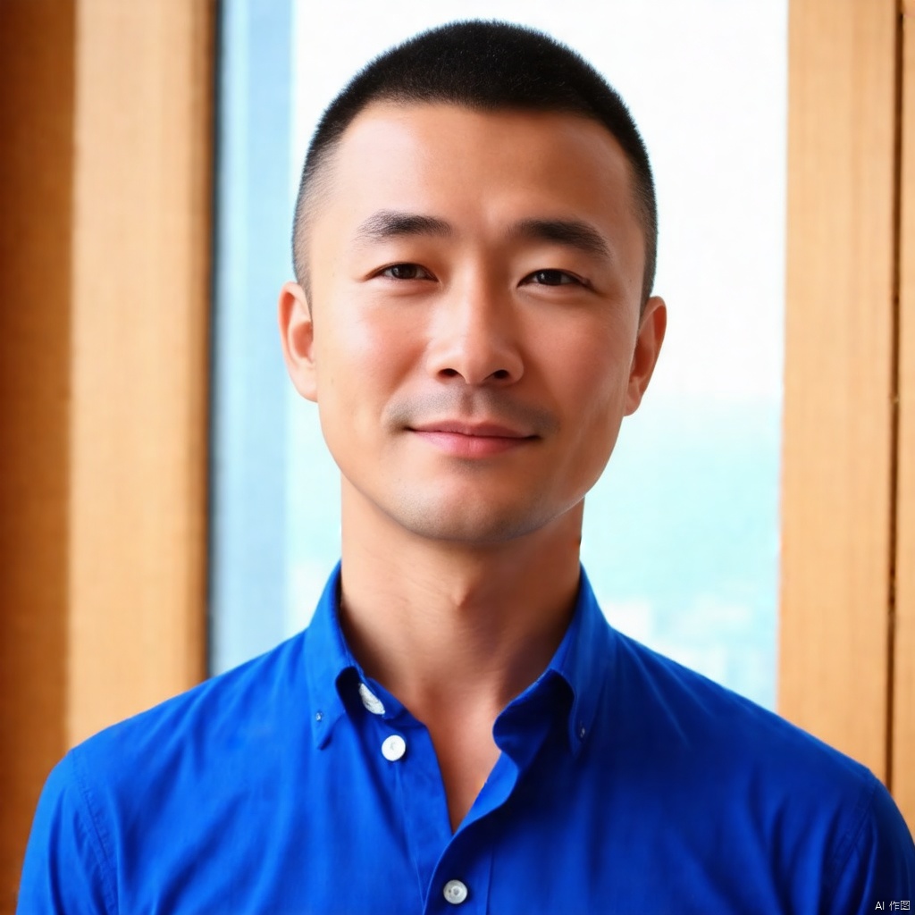 1man,1boy,solo,A close-up shot of a Asian man's face, positioned in front of a glass window. He is wearing a blue collared button-down shirt with a white button on the left side of the shirt. His hair is short and dark, and his eyes are slightly open. His mouth is slightly closed, and he has a slight smile on his face. The background is blurred, and the sky is a light blue.,bald,chest hair