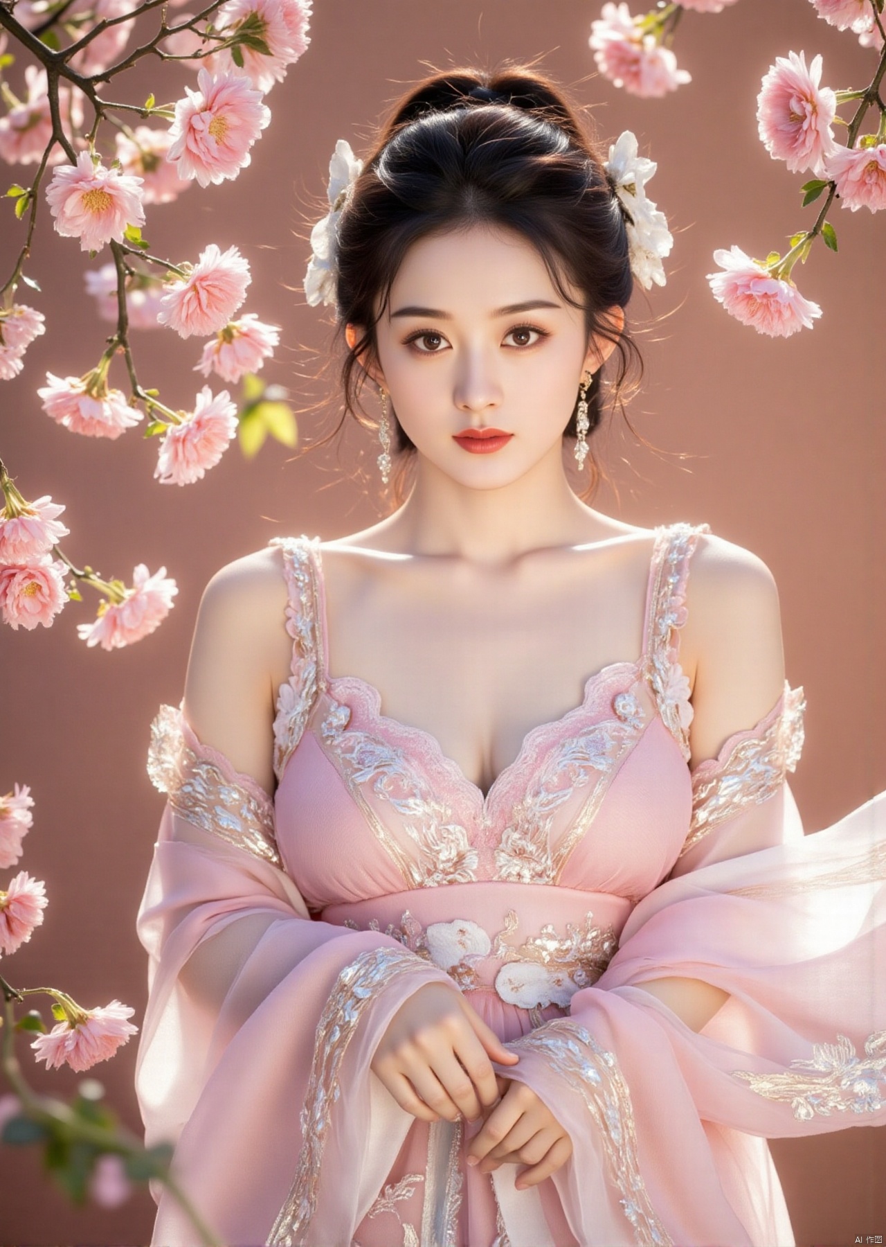 Here's a prompt for stablediffusion:

Capture a stunning image of ancient and modern beauties standing serenely amidst a sea of vibrant peach blossoms. Framed from directly above, the scene unfolds with exquisite realism: delicate skin as pale as snow, intricate eyebrows, and luscious black hair lightly swept back. Red lips slightly parted, embroidered long skirt rustling in the gentle breeze. The complex patterns on her garments reflect the warmth of her porcelain complexion. Hundreds of peach blossoms dance through the air, swirling around her shoulders and hair like tiny stars. The atmosphere is one of elegance, silence, and purity, evoking a vivid summer's day that's intoxicating.