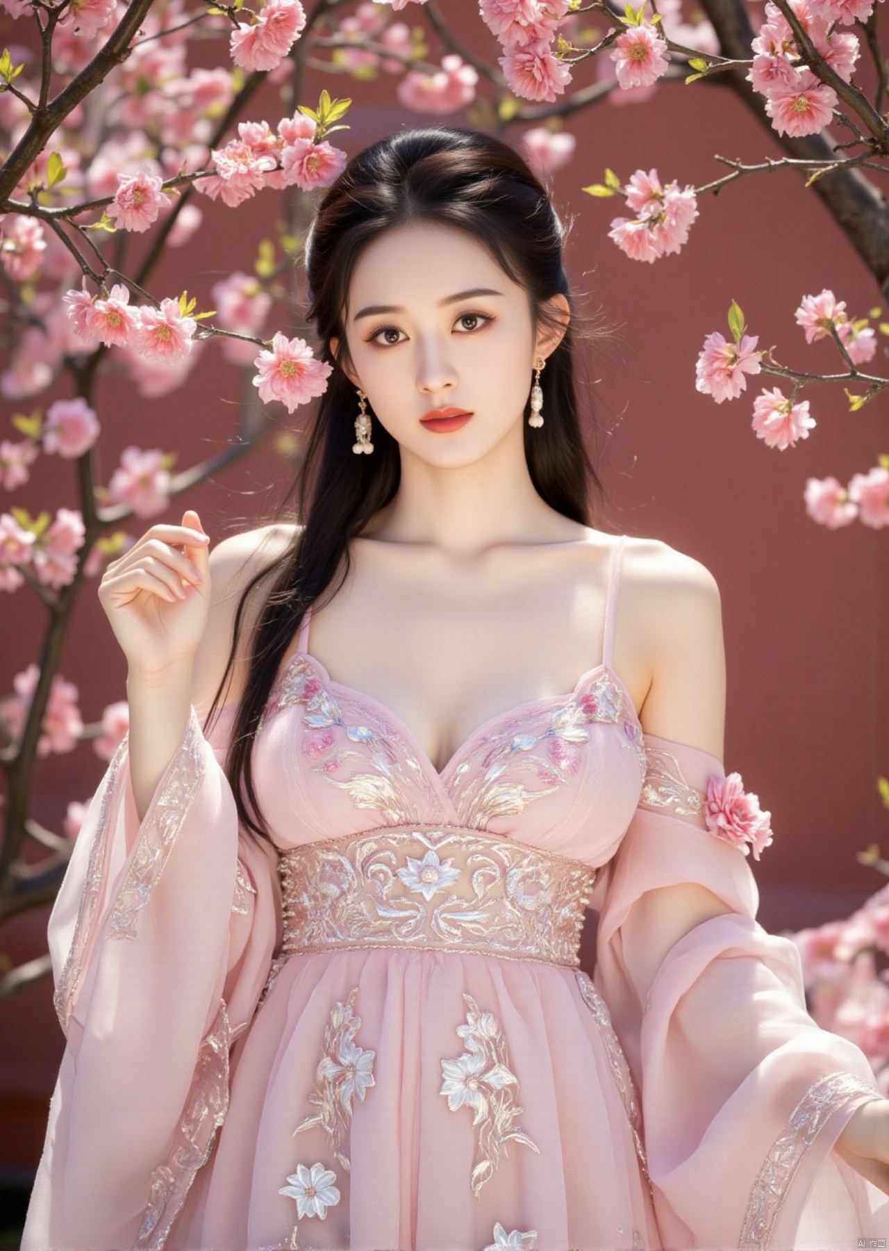 Here's a prompt for stablediffusion:

Capture a stunning image of ancient and modern beauties standing serenely amidst a sea of vibrant peach blossoms. Framed from directly above, the scene unfolds with exquisite realism: delicate skin as pale as snow, intricate eyebrows, and luscious black hair lightly swept back. Red lips slightly parted, embroidered long skirt rustling in the gentle breeze. The complex patterns on her garments reflect the warmth of her porcelain complexion. Hundreds of peach blossoms dance through the air, swirling around her shoulders and hair like tiny stars. The atmosphere is one of elegance, silence, and purity, evoking a vivid summer's day that's intoxicating.