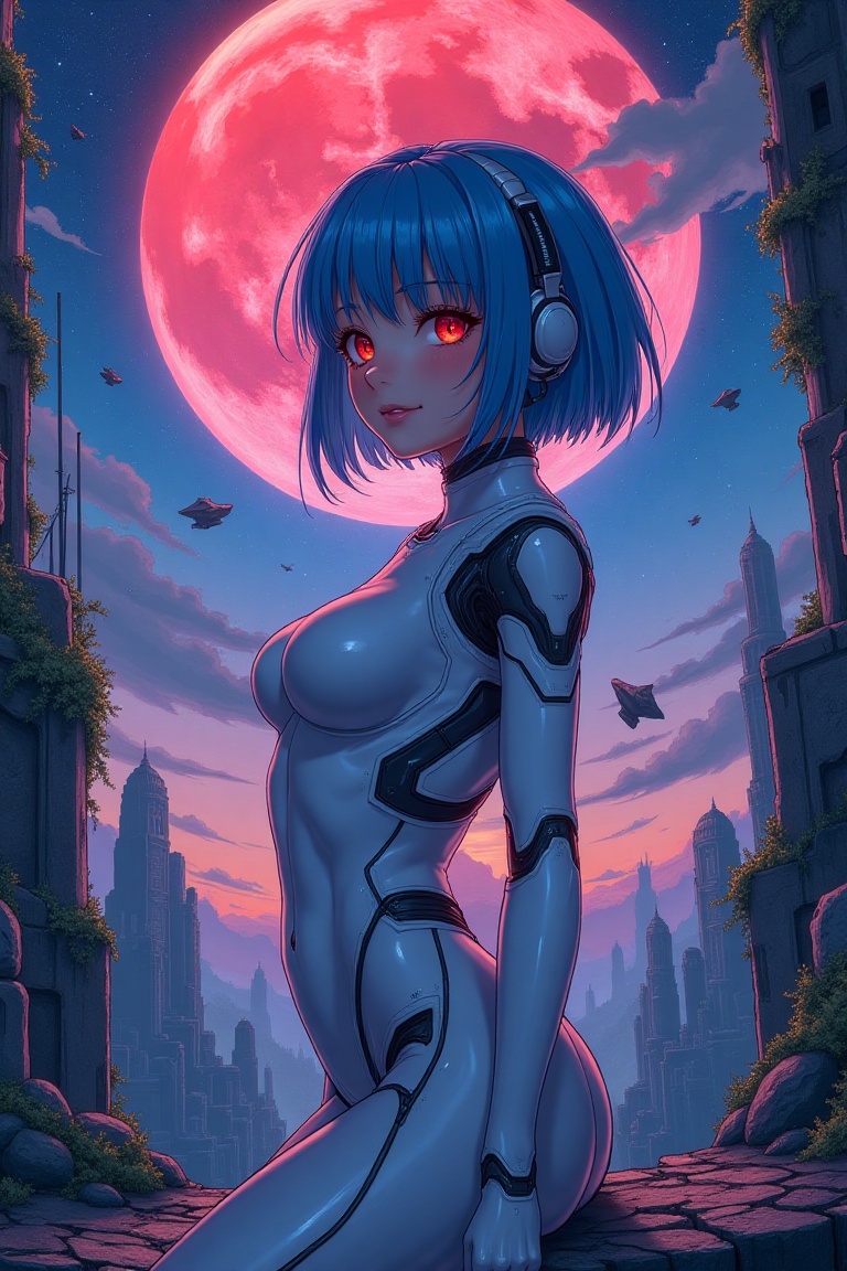 An awe-inspiring,  hyper-detailed digital masterpiece of Rei Ayanami posing gracefully atop a broken concrete and steel ob...