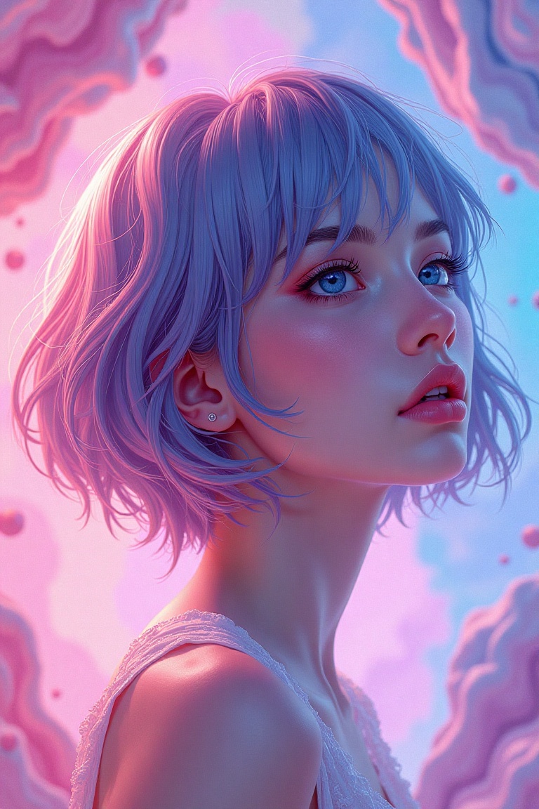 An awe-inspiring,  hyper-detailed digital masterpiece of a young woman with stunning short multicolored hair,  woven with...