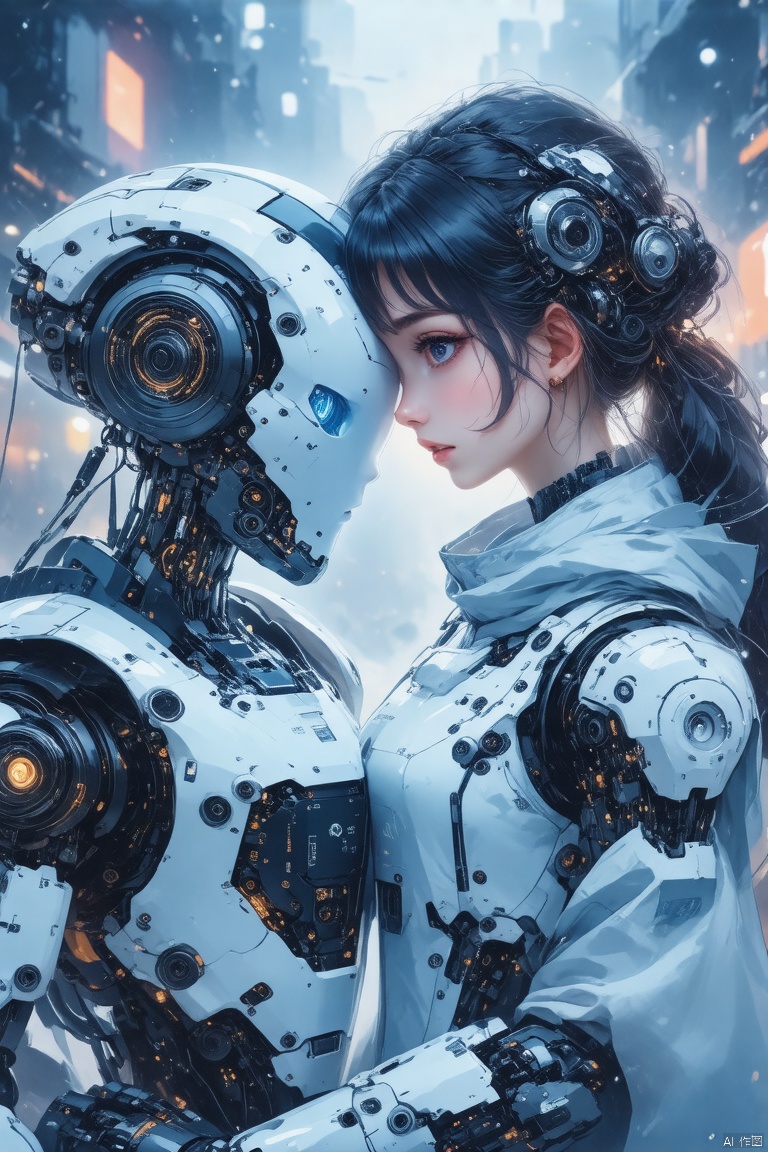 1girl, robot, girl and robot, cyberpunk, science fiction, futuristic, emotional, tender, intimate embrace, warm light, soft colors, detailed face, beautiful eyes, expressive, delicate, intricate details, (best quality, masterpiece:1.2), vibrant colors, dramatic lighting, cinematic composition, emotional connection, tender affection, gentle touch, vulnerable yet strong, powerful bond, seamless integration, blending of organic and mechanical, heart-warming, poignant, awe-inspiring