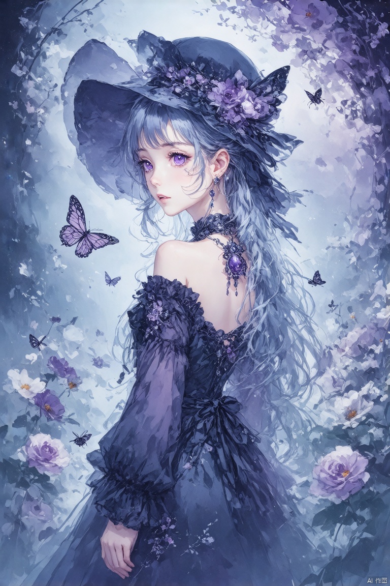 masterpiece,best quality,high quality,loli,overexposure,chromatic_aberration,light,fair_skin, //, 1girl, butterfly, solo, bug, dress, purple eyes, looking at viewer, long hair, black dress, grey hair, jewelry, flower, gothic lolita, looking back, lolita fashion, bare shoulders, earrings, mole under eye, black headwear, hair ornament, mole, from behind, closed mouth, bonnet, hair between eyes, detached sleeves, expressionless, frills, off-shoulder dress, purple theme, long sleeves, frilled dress, off shoulder //, very aesthetic,absurdres,newest,masterpiece,safe,amazing quality,(aestivation:2.4),(nasii:0.4),(toosaka asagi:0.4),(atdan:0.4),(iumu:0.72),(wlop:0.72),96YOTTEA,Konya Karasue,omone_hokoma_agm, //, official art,depth of field,detailed light,blurry background,best shadow,shiny skin,cinematic lighting,ray tracing, amazing quality,very aesthetic,absurdres,beast quality,ultra detailed,newest,8K,HDR
