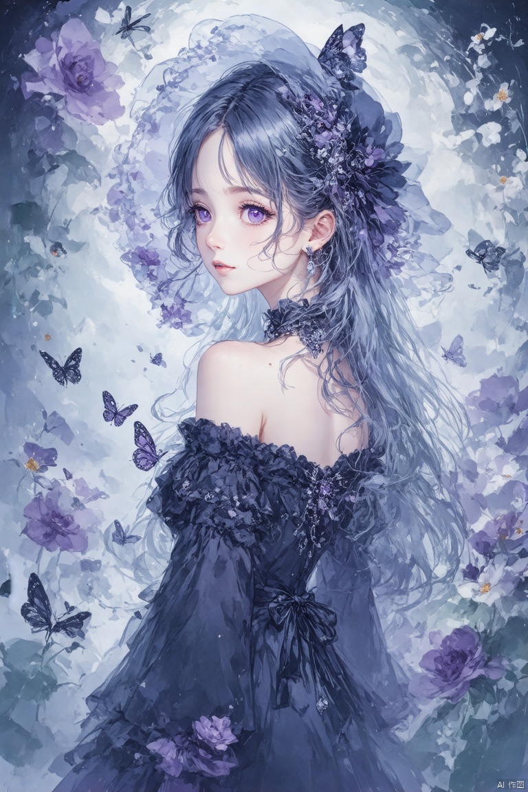 masterpiece,best quality,high quality,loli,overexposure,chromatic_aberration,light,fair_skin, //, 1girl, butterfly, solo, bug, dress, purple eyes, looking at viewer, long hair, black dress, grey hair, jewelry, flower, gothic lolita, looking back, lolita fashion, bare shoulders, earrings, mole under eye, black headwear, hair ornament, mole, from behind, closed mouth, bonnet, hair between eyes, detached sleeves, expressionless, frills, off-shoulder dress, purple theme, long sleeves, frilled dress, off shoulder //, very aesthetic,absurdres,newest,masterpiece,safe,amazing quality,(aestivation:2.4),(nasii:0.4),(toosaka asagi:0.4),(atdan:0.4),(iumu:0.72),(wlop:0.72),96YOTTEA,Konya Karasue,omone_hokoma_agm, //, official art,depth of field,detailed light,blurry background,best shadow,shiny skin,cinematic lighting,ray tracing, amazing quality,very aesthetic,absurdres,beast quality,ultra detailed,newest,8K,HDR