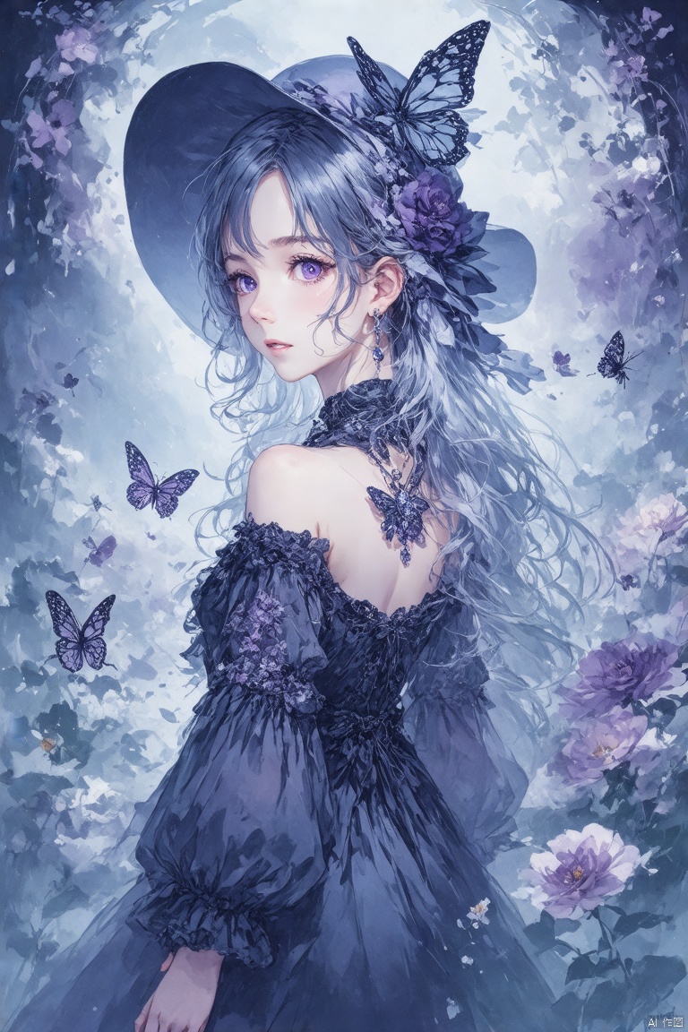 masterpiece,best quality,high quality,loli,overexposure,chromatic_aberration,light,fair_skin, //, 1girl, butterfly, solo, bug, dress, purple eyes, looking at viewer, long hair, black dress, grey hair, jewelry, flower, gothic lolita, looking back, lolita fashion, bare shoulders, earrings, mole under eye, black headwear, hair ornament, mole, from behind, closed mouth, bonnet, hair between eyes, detached sleeves, expressionless, frills, off-shoulder dress, purple theme, long sleeves, frilled dress, off shoulder //, very aesthetic,absurdres,newest,masterpiece,safe,amazing quality,(aestivation:2.4),(nasii:0.4),(toosaka asagi:0.4),(atdan:0.4),(iumu:0.72),(wlop:0.72),96YOTTEA,Konya Karasue,omone_hokoma_agm, //, official art,depth of field,detailed light,blurry background,best shadow,shiny skin,cinematic lighting,ray tracing, amazing quality,very aesthetic,absurdres,beast quality,ultra detailed,newest,8K,HDR