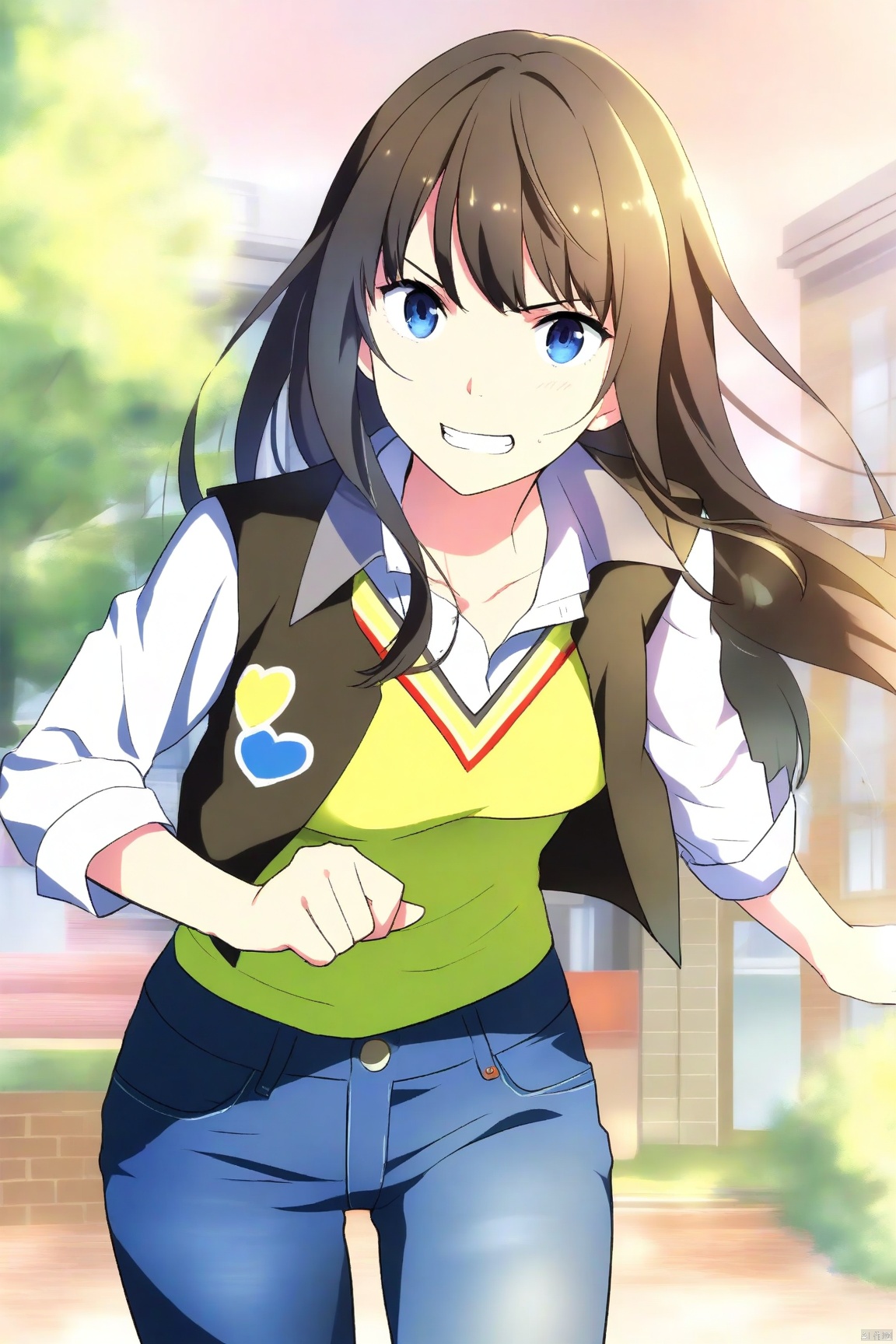 （lifelike, high - resolution：1.3）, 1 girl with a perfect body, Super fine face and eyes,slong hair, Vest of random colors：1.2, short jeans, 