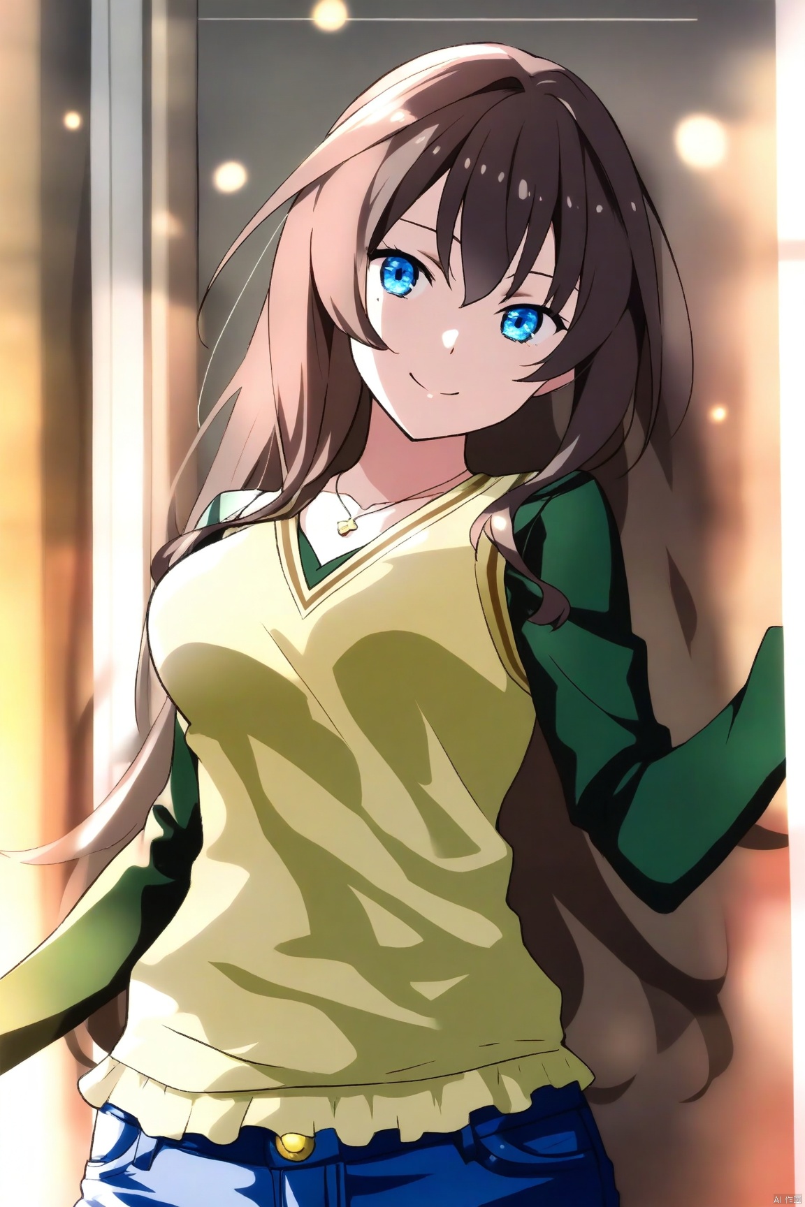 （lifelike, high - resolution：1.3）, 1 girl with a perfect body, Super fine face and eyes,slong hair, Vest of random colors：1.2, short jeans, 