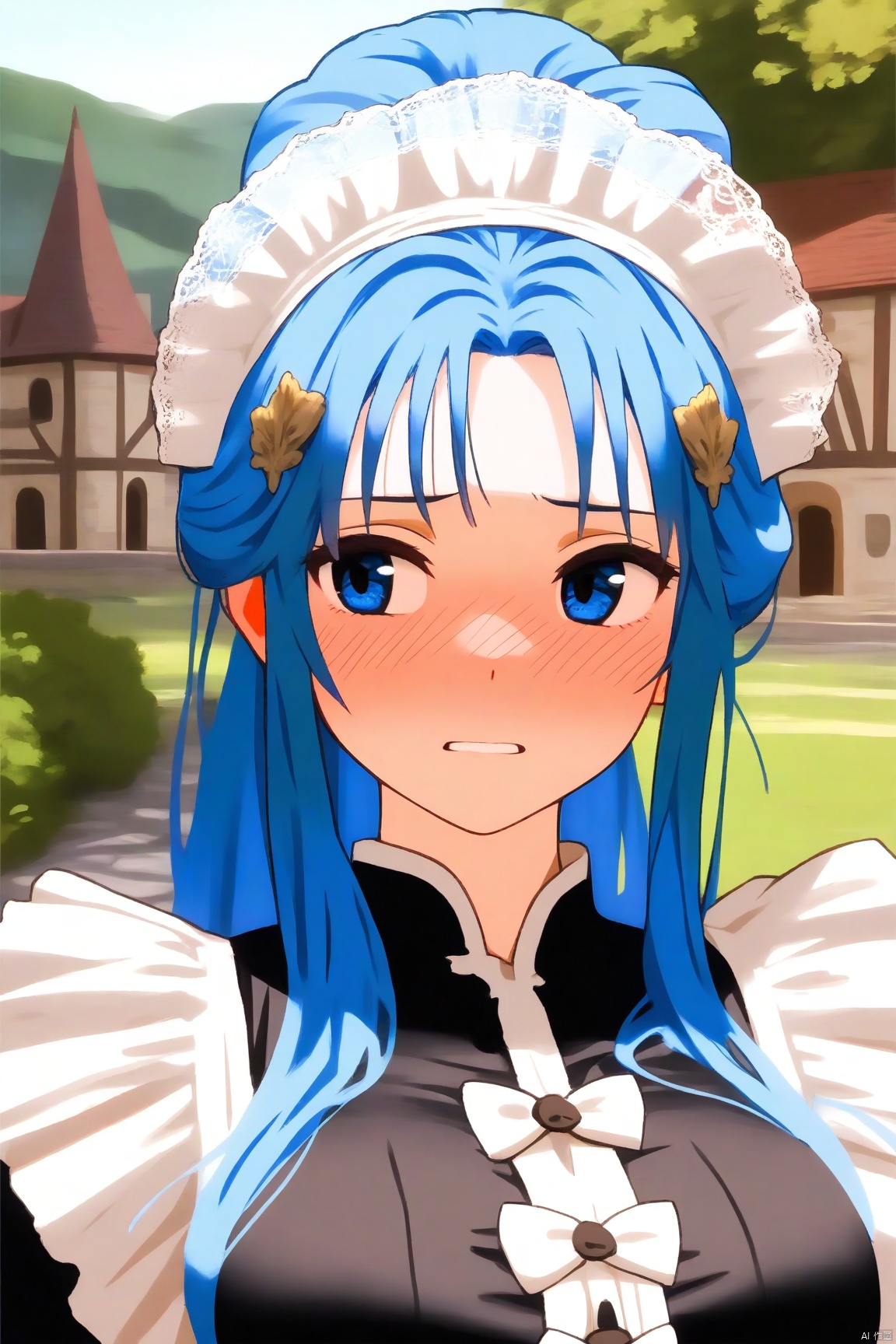 tmasterpiece,Best quality at best,A high resolution,8K,((Portrait)),(Head close-up),Original photo,real photograph,digital photography,(The aristocratic maid in the medieval fantasy world),(A medieval fantasy maid),20-year-old girl,blue ponytail hairstyle,Red eyelue ponytail hair)),(Big breasts),An extravagant ornament,cparted lips,Keep your mouth shuegant and charming,((Blushing)),is shy,cute big breasts,(Medieval fantasy maid dress, maid dress, black and white, black lace, white bow, exquisite skirt pattern, maid headdress),(Maid),Photo pose,medieval characters,medieval fantasy style,Ancient city background,oc render reflection texture