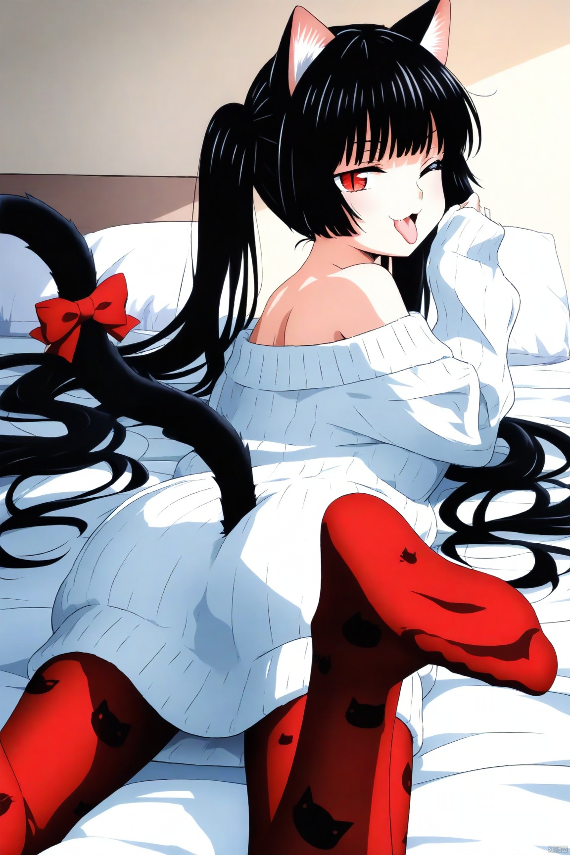 1girl,Red eyes,(slit pupils),Black Hair(Red gradient),blunt bangs,Long Hair,Twin tails,curly hair,Cat ears and tail,(No human ears),medium Breast,off shoulder white sweater:1.2,white sweater:1.2,collarbone,strapless:1.2,long sleeves:1.3,sleeves past wrists:1.2,print pantyhose,cat ears,cat girl,cat tail,:3,tail bow,naughty face,one eye closed,open mouth,tongue out,bed room,on stomach,from behind,both feet up,foot focus;1.4
